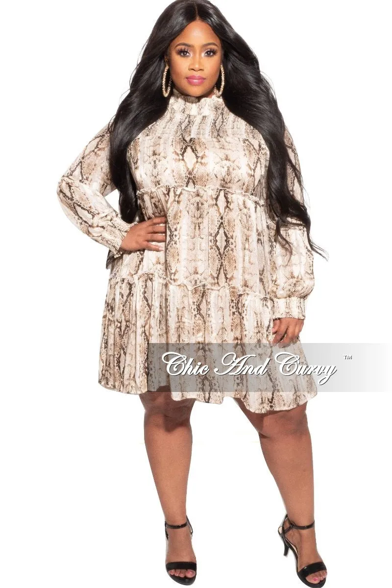 Final Sale Plus Size Mock Neck Ruffle Layer Babydoll Dress in Brown Snake