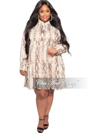 Final Sale Plus Size Mock Neck Ruffle Layer Babydoll Dress in Brown Snake