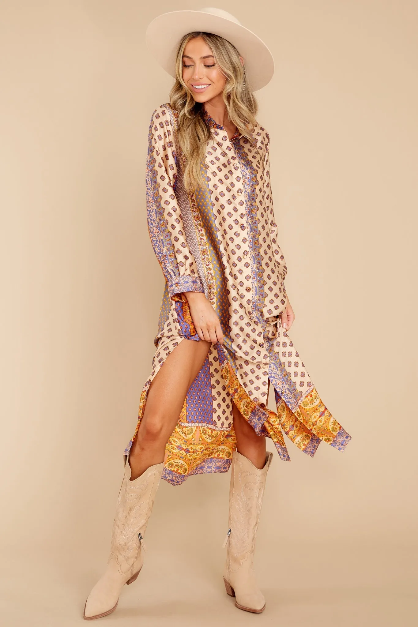 Fine Lines Beige Print Midi Dress