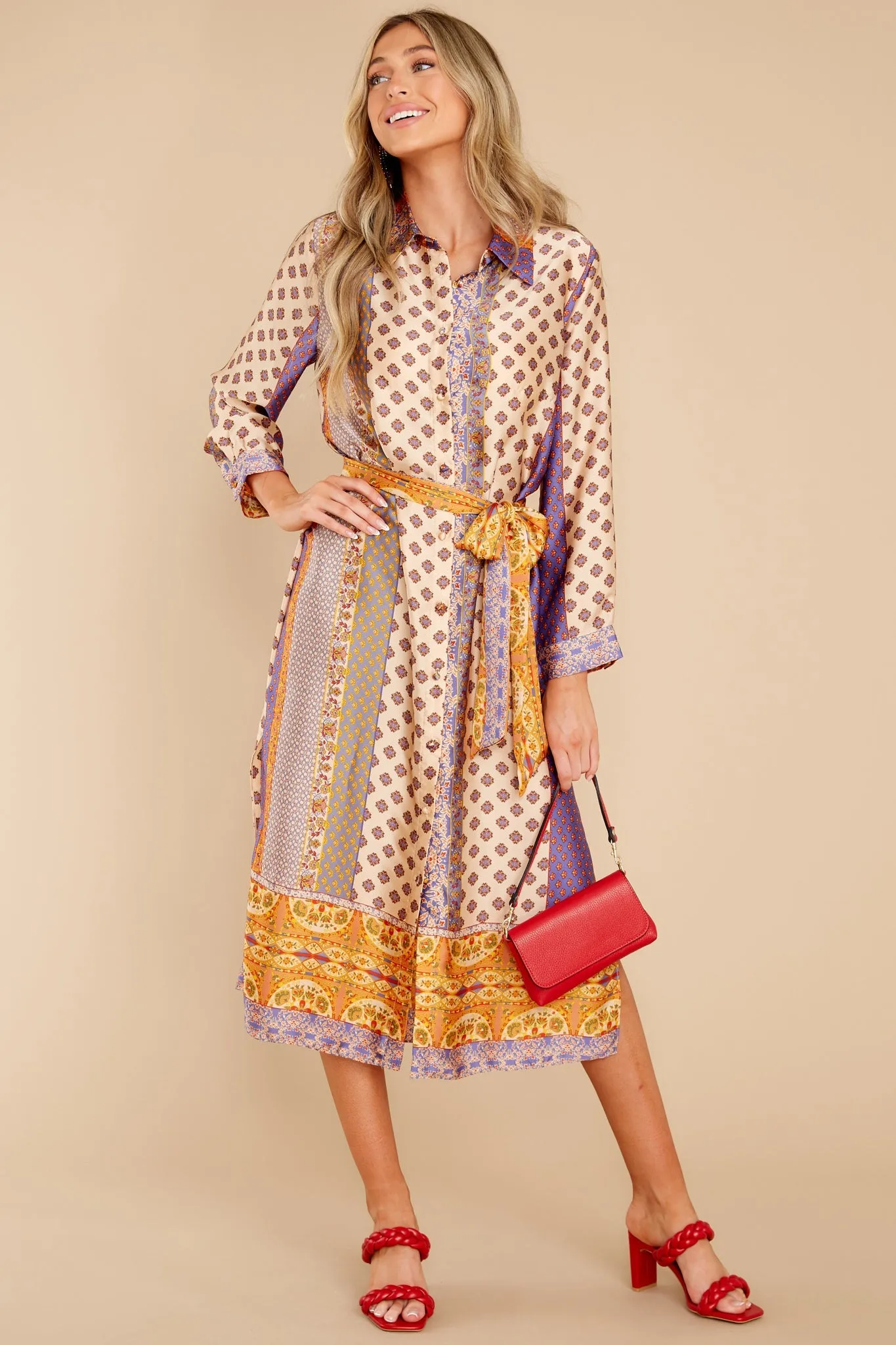 Fine Lines Beige Print Midi Dress