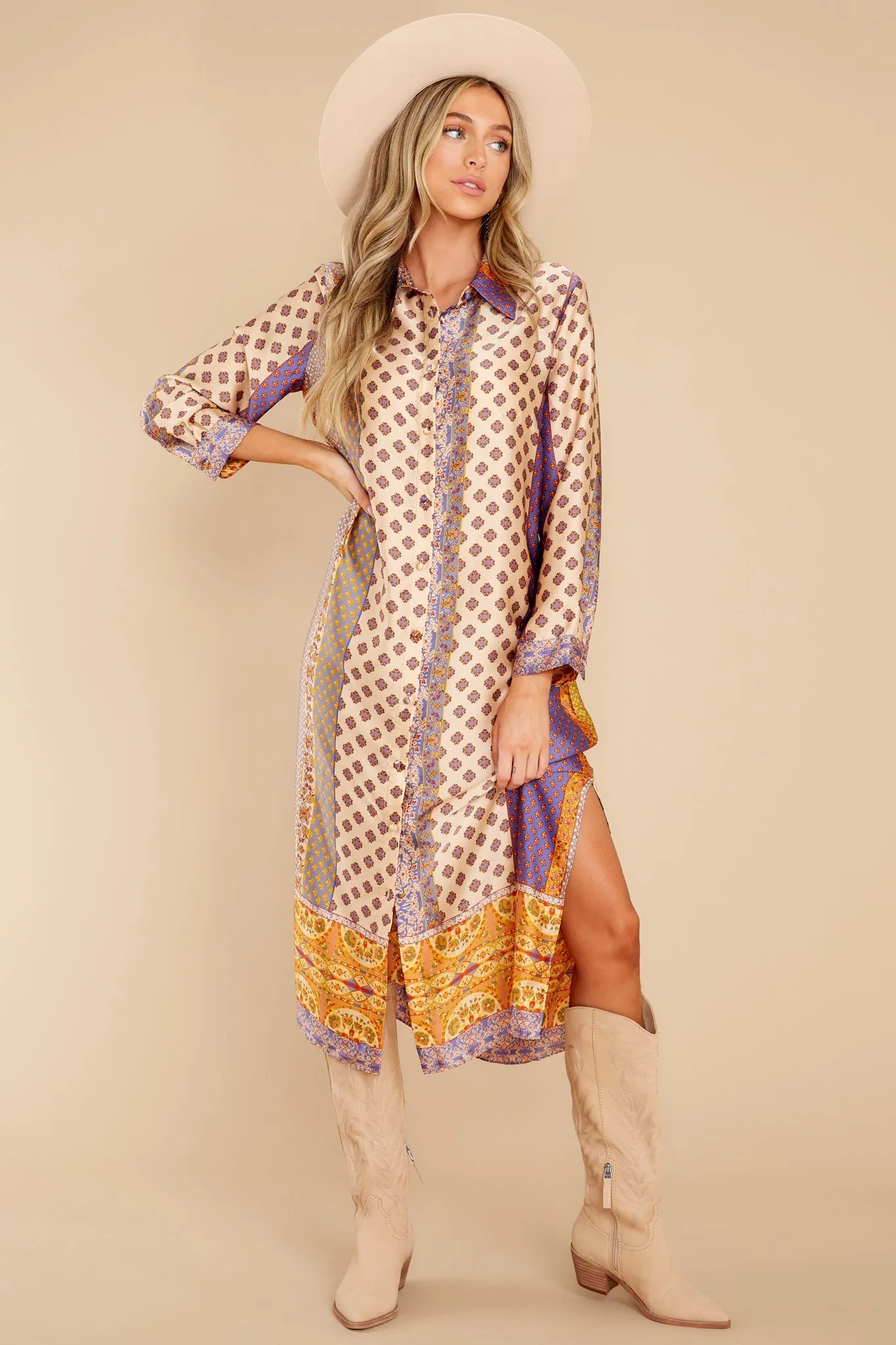 Fine Lines Beige Print Midi Dress