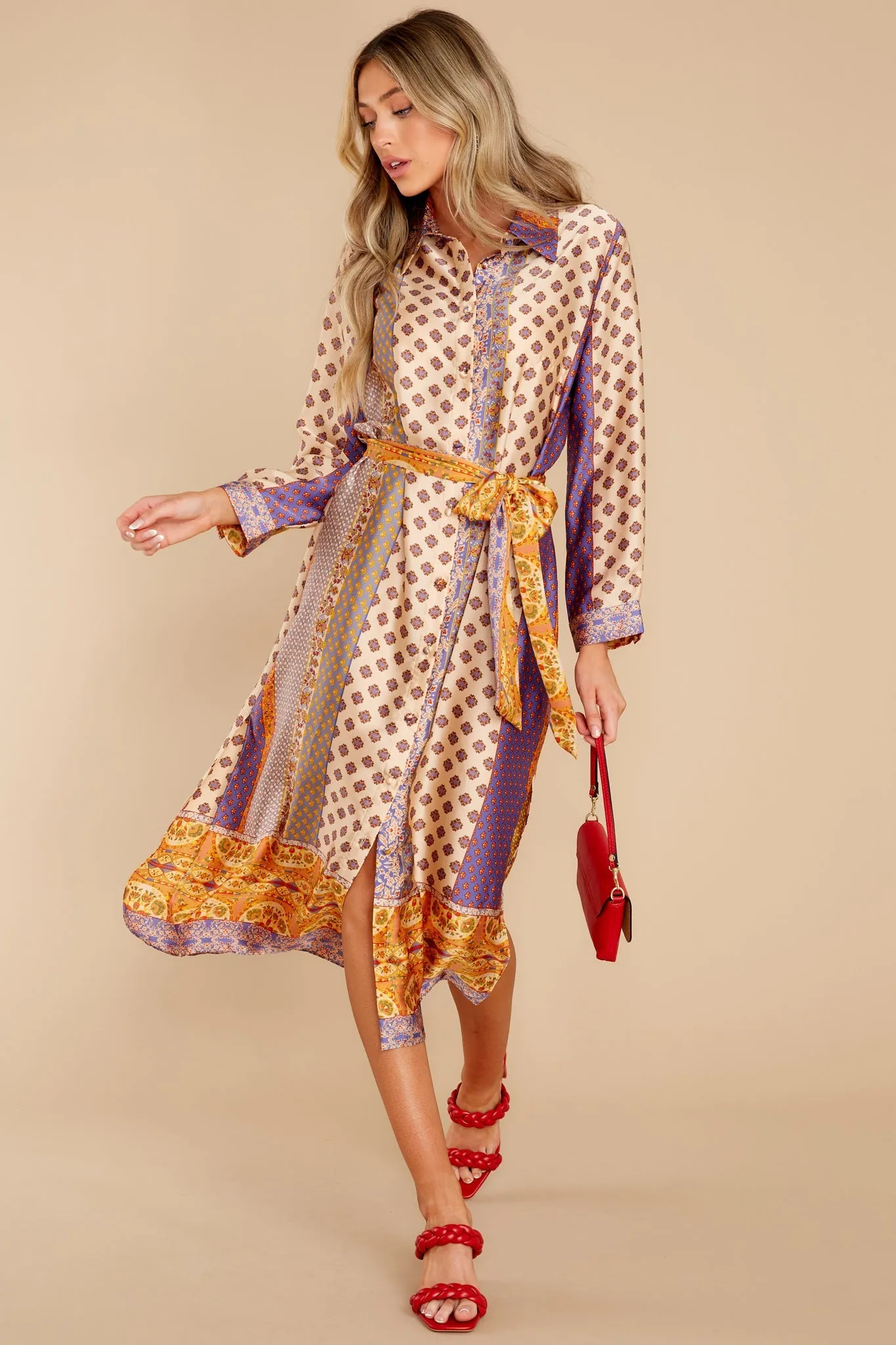 Fine Lines Beige Print Midi Dress