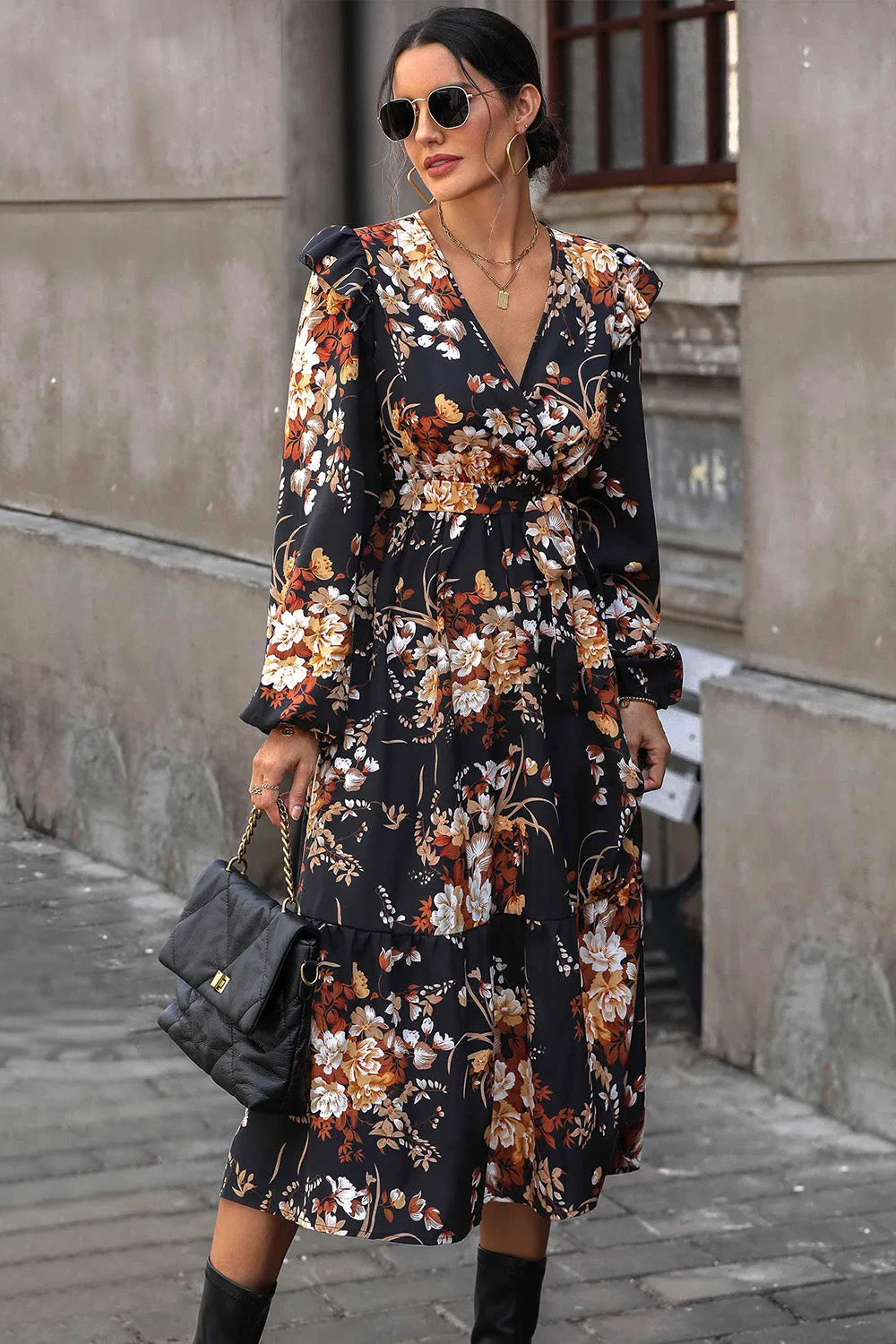 Floral Surplice Tie Front Ruffle Hem Midi Dress