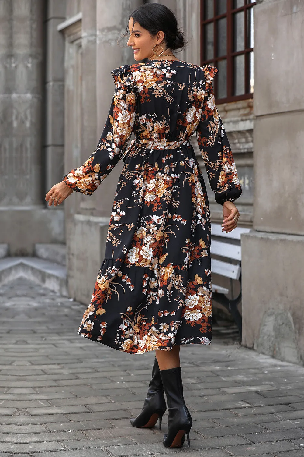 Floral Surplice Tie Front Ruffle Hem Midi Dress