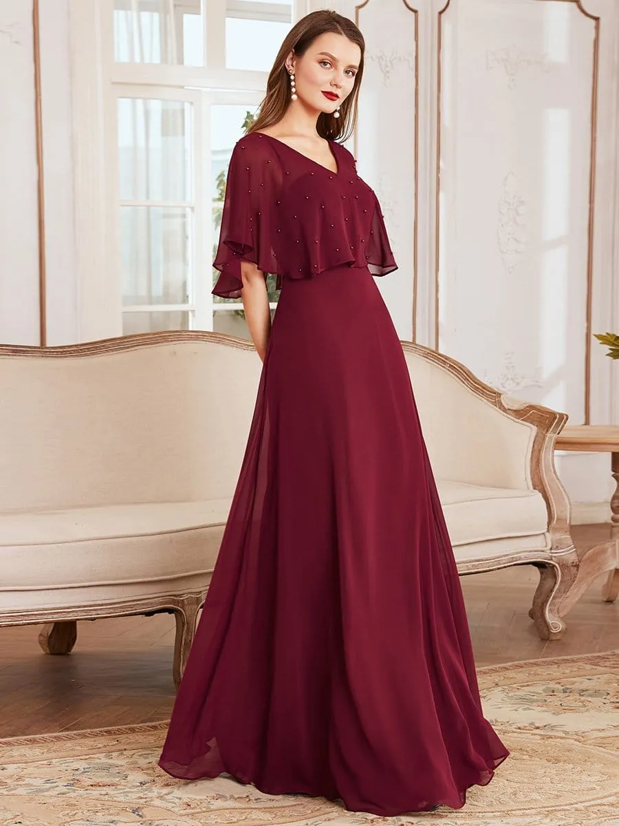 Flutter Sleeve Bead Embellished Sheer Top Floor Length Evening Dress