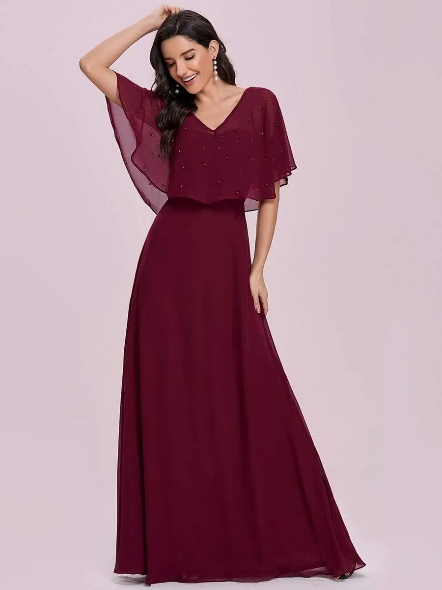 Flutter Sleeve Bead Embellished Sheer Top Floor Length Evening Dress