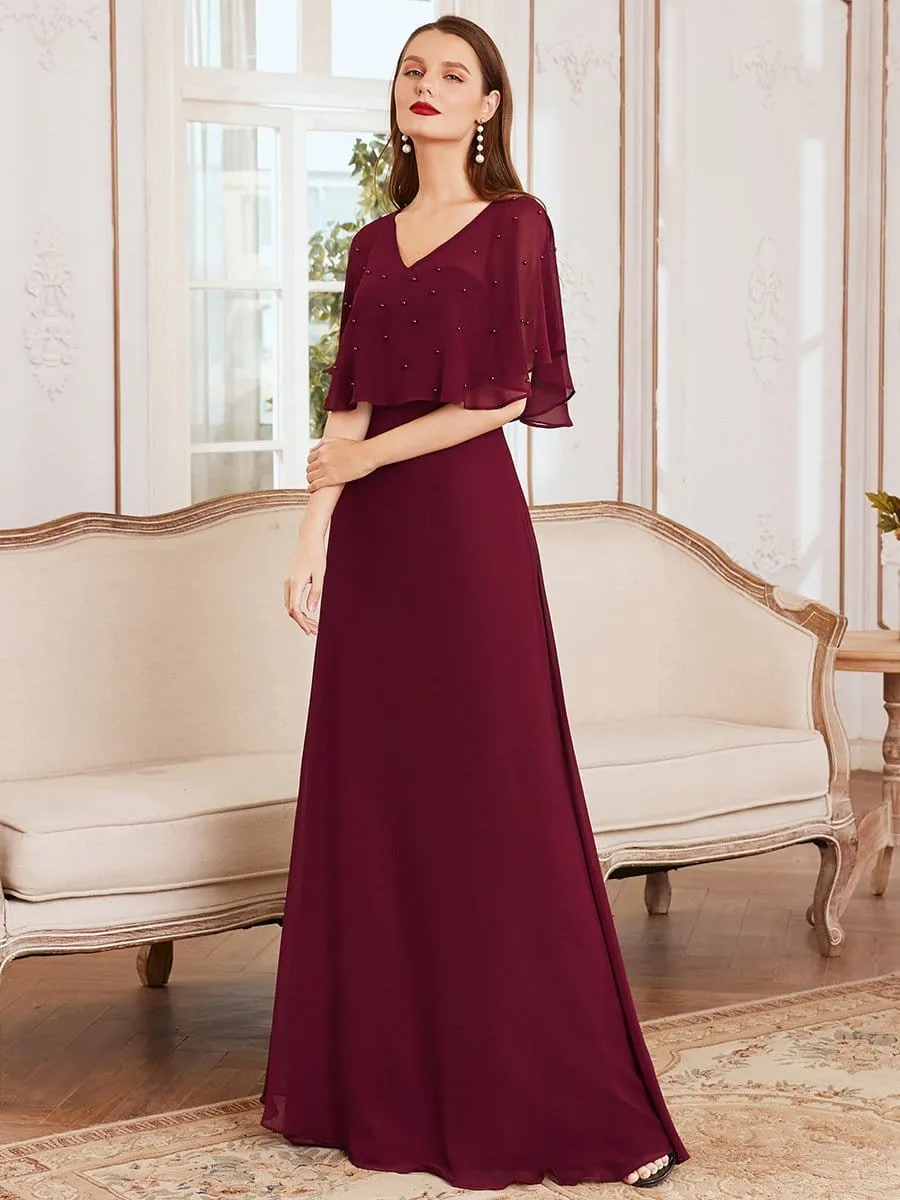 Flutter Sleeve Bead Embellished Sheer Top Floor Length Evening Dress