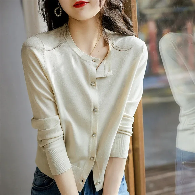 Flytonn-Fashionable bright silk cashmere knit cardigan women spring and autumn thin sweater coat loose age-reducing leisure jacket