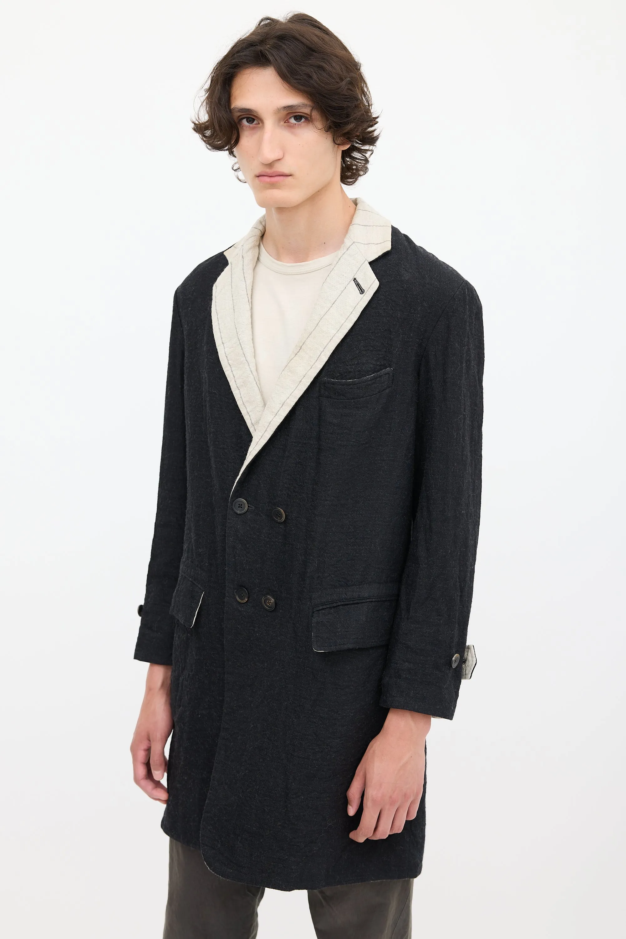 Forme Black Wool Double Lapel Coat