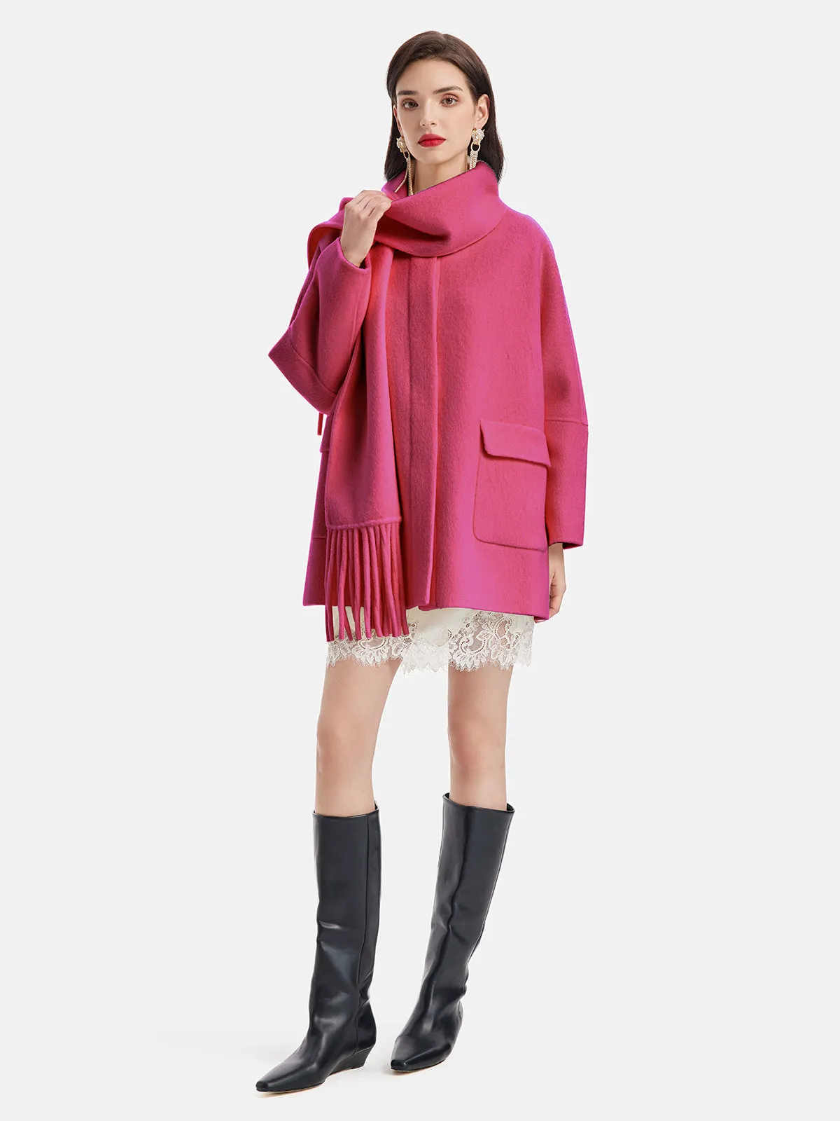 Fringe Neck Scarf Cashmere Coat - Star Queen