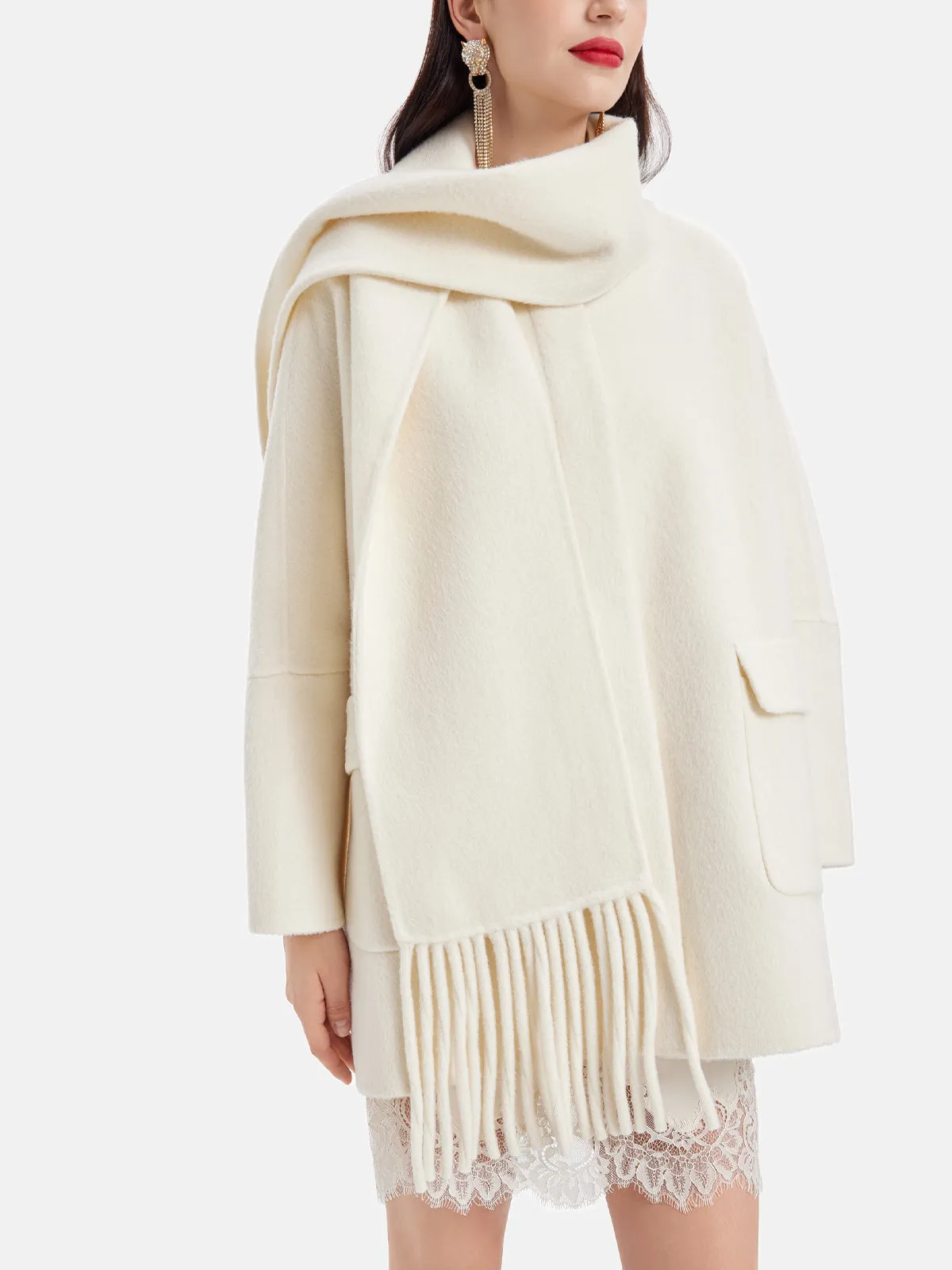 Fringe Neck Scarf Cashmere Coat - Star Queen