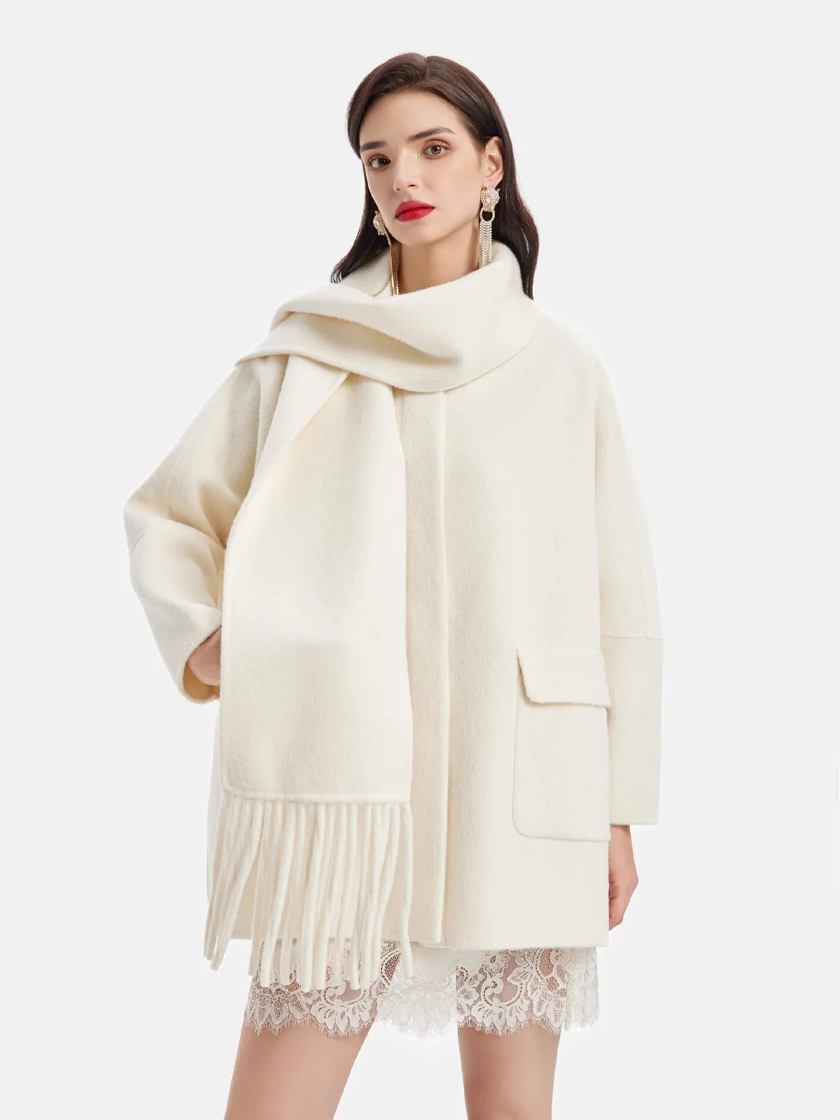 Fringe Neck Scarf Cashmere Coat - Star Queen