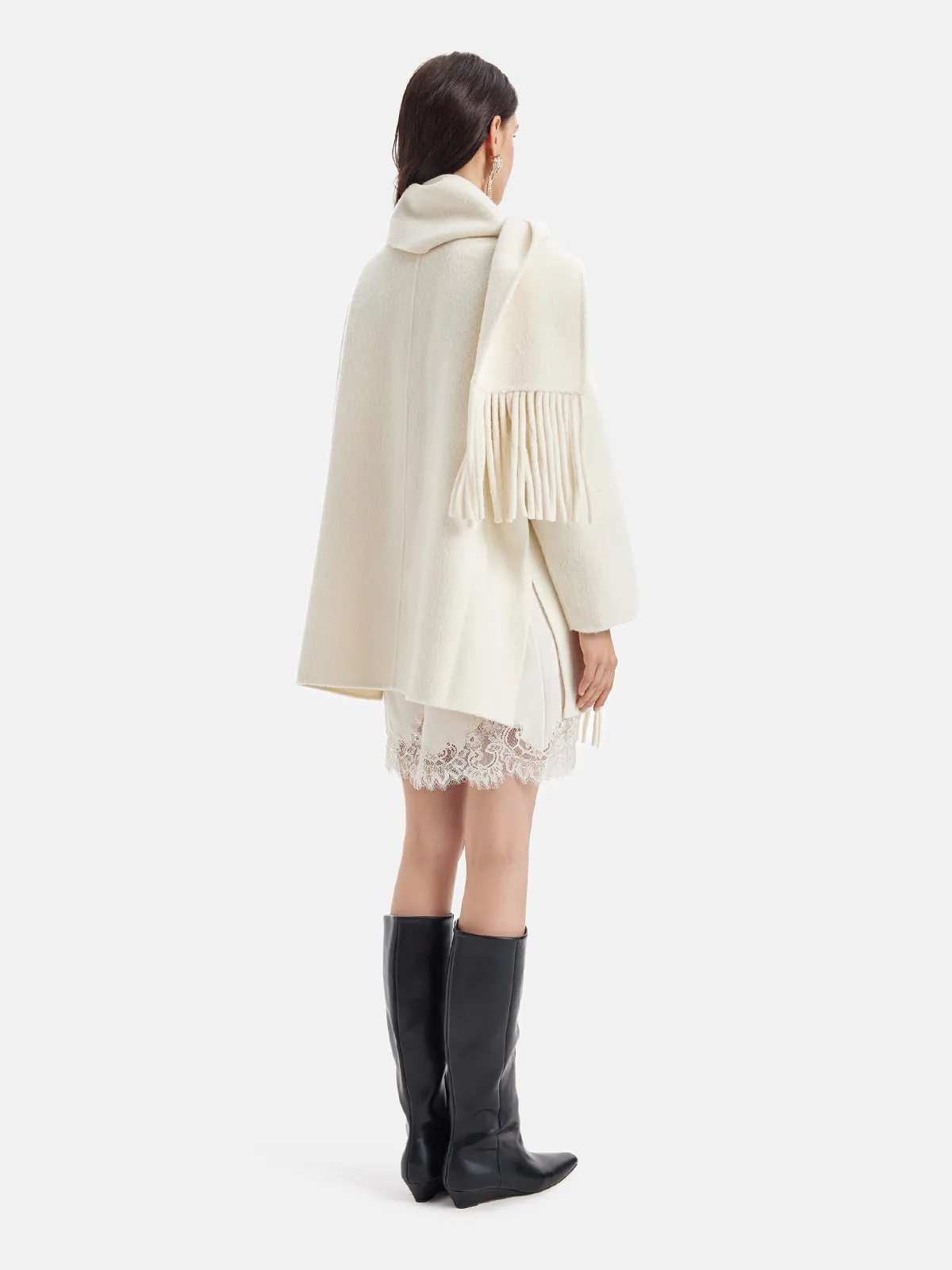 Fringe Neck Scarf Cashmere Coat - Star Queen