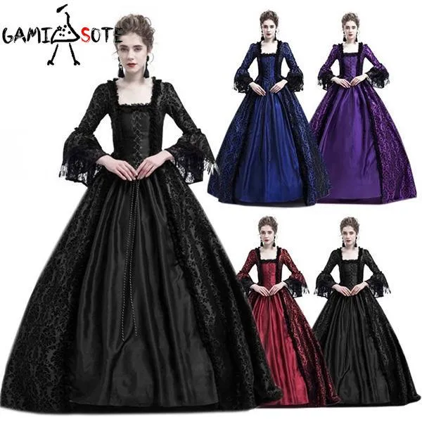 GAMISOTE Gothic Women Vintage Medieval Dress Gothic Maxi Halloween Dress Retro Long Gown Lace Dress