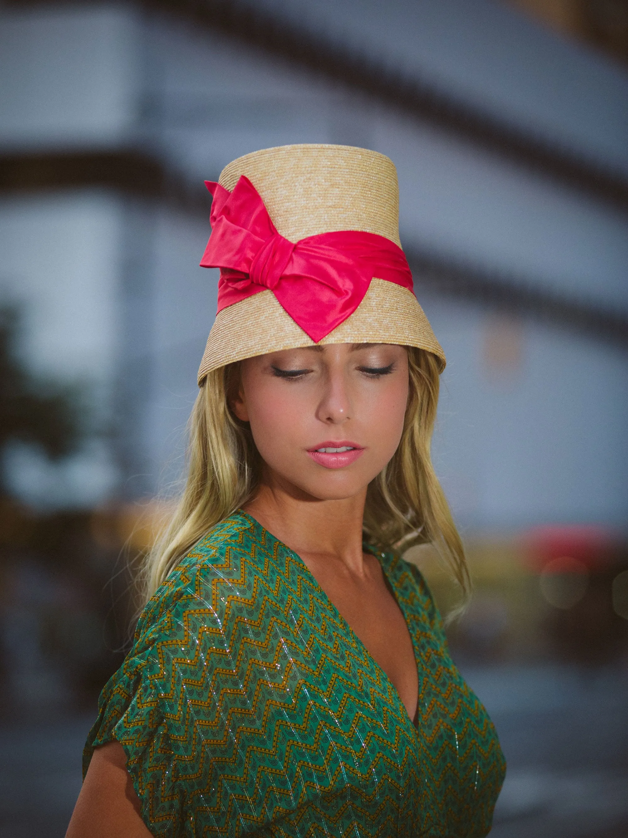 Gerard: Straw Cloche Derby Hat with Pink Bow