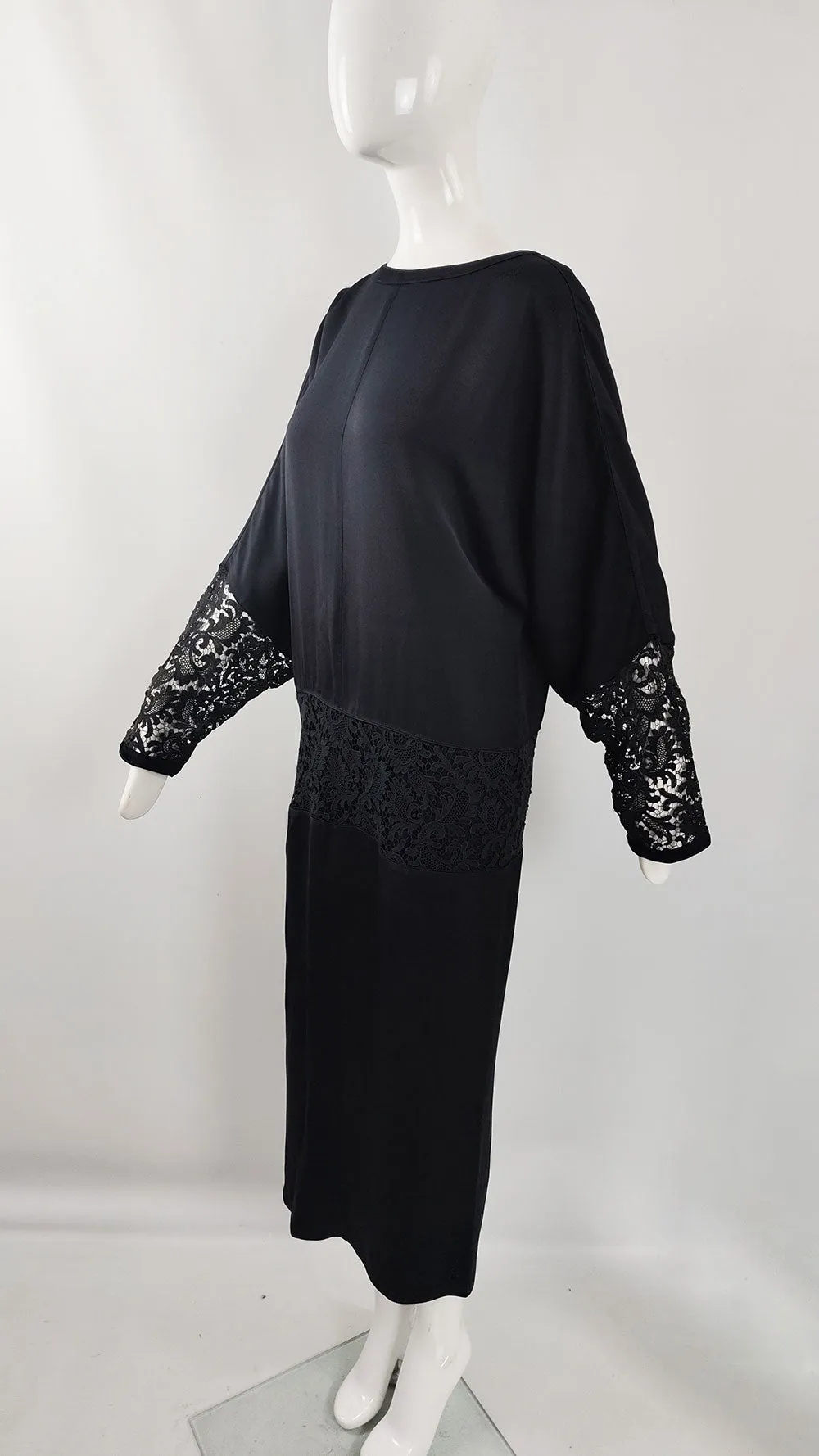 Gianni Versace Vintage Black Silk & Lace Batwing Dress, A/W 1985