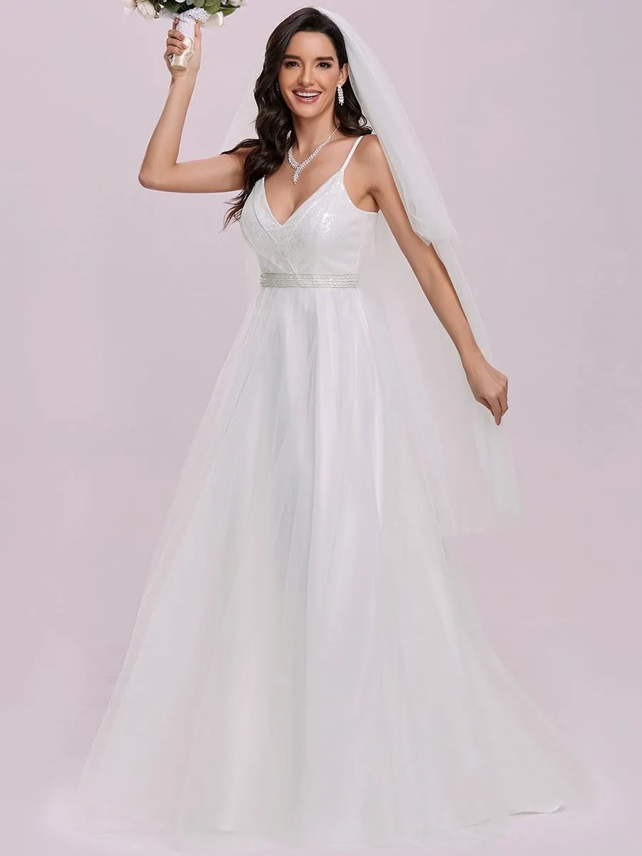 Gorgeous Paillette Bodice Spaghetti Strap Casual Maxi Wedding Dress