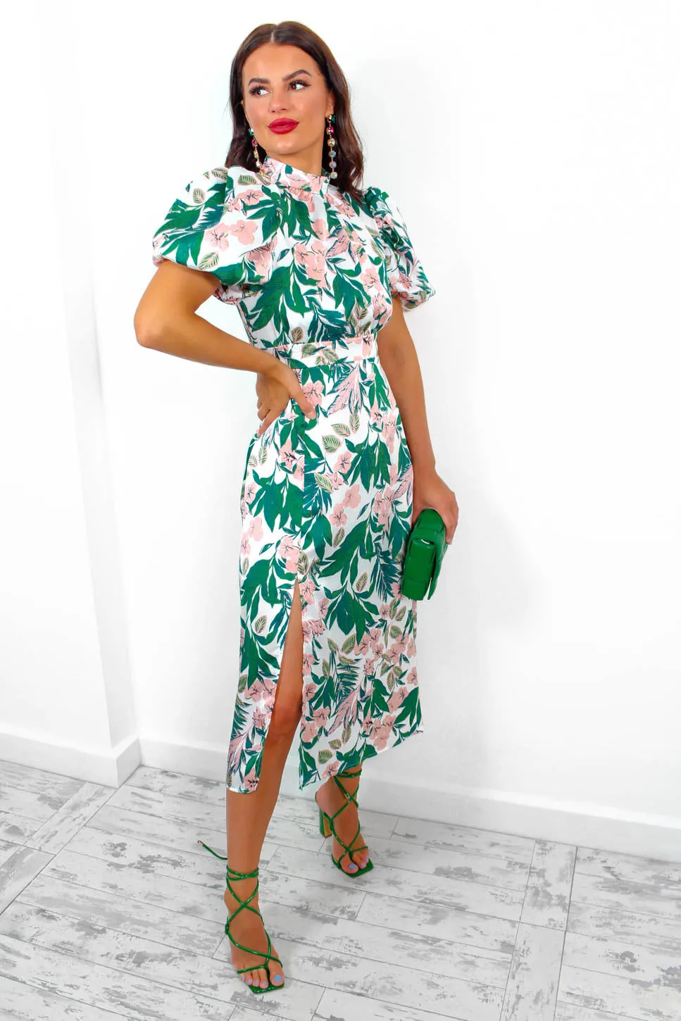 Got The Flower - White Blush Tropical Midi Dress