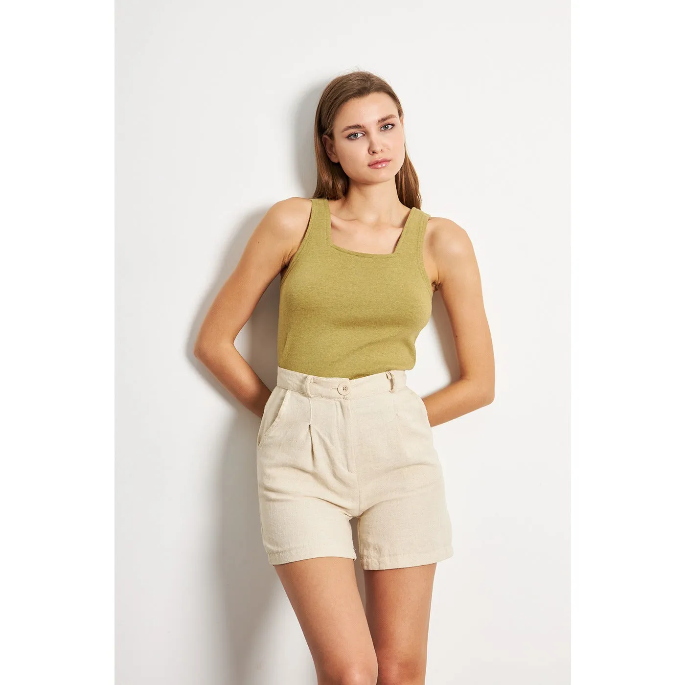 Green Melange Square Neck Tank Top