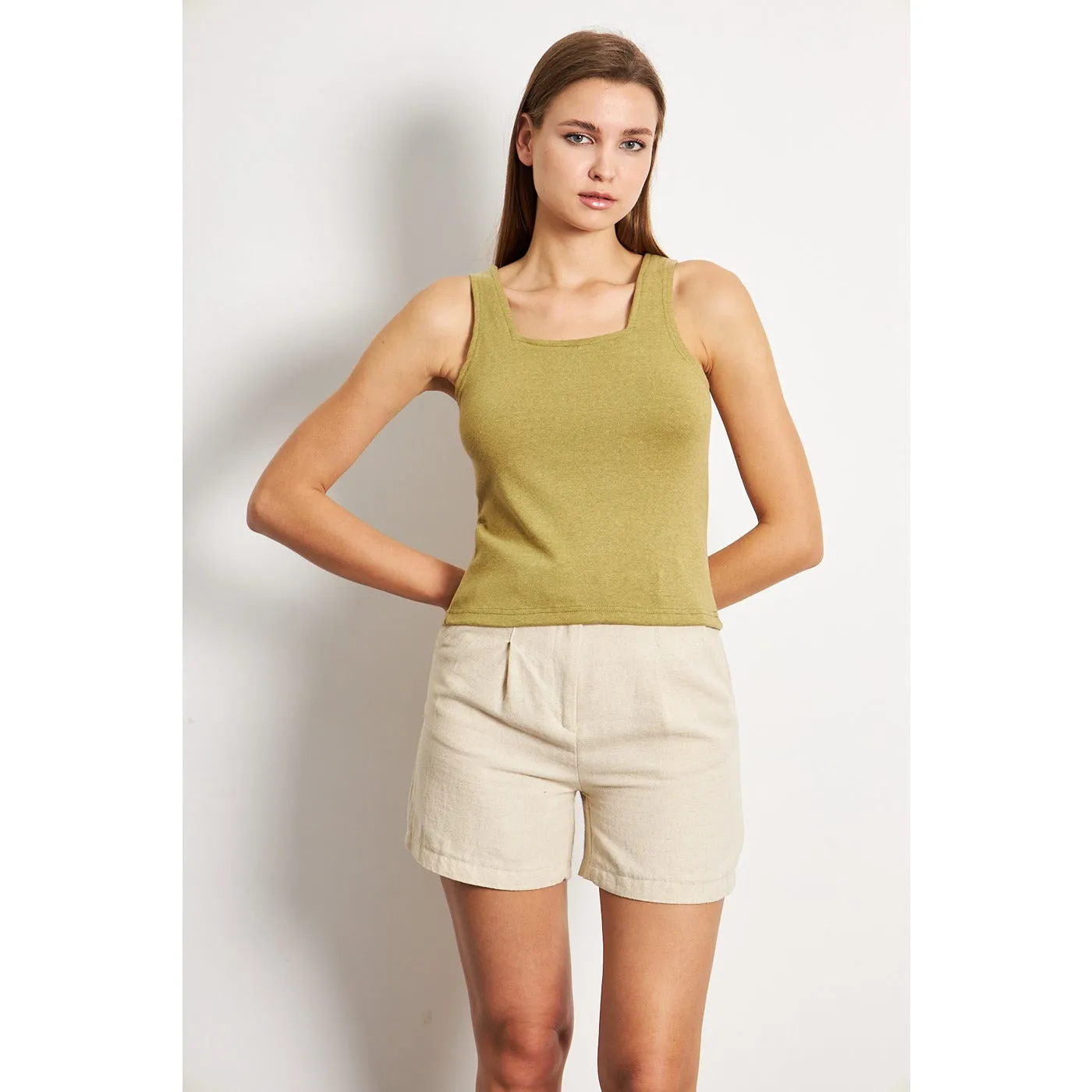 Green Melange Square Neck Tank Top