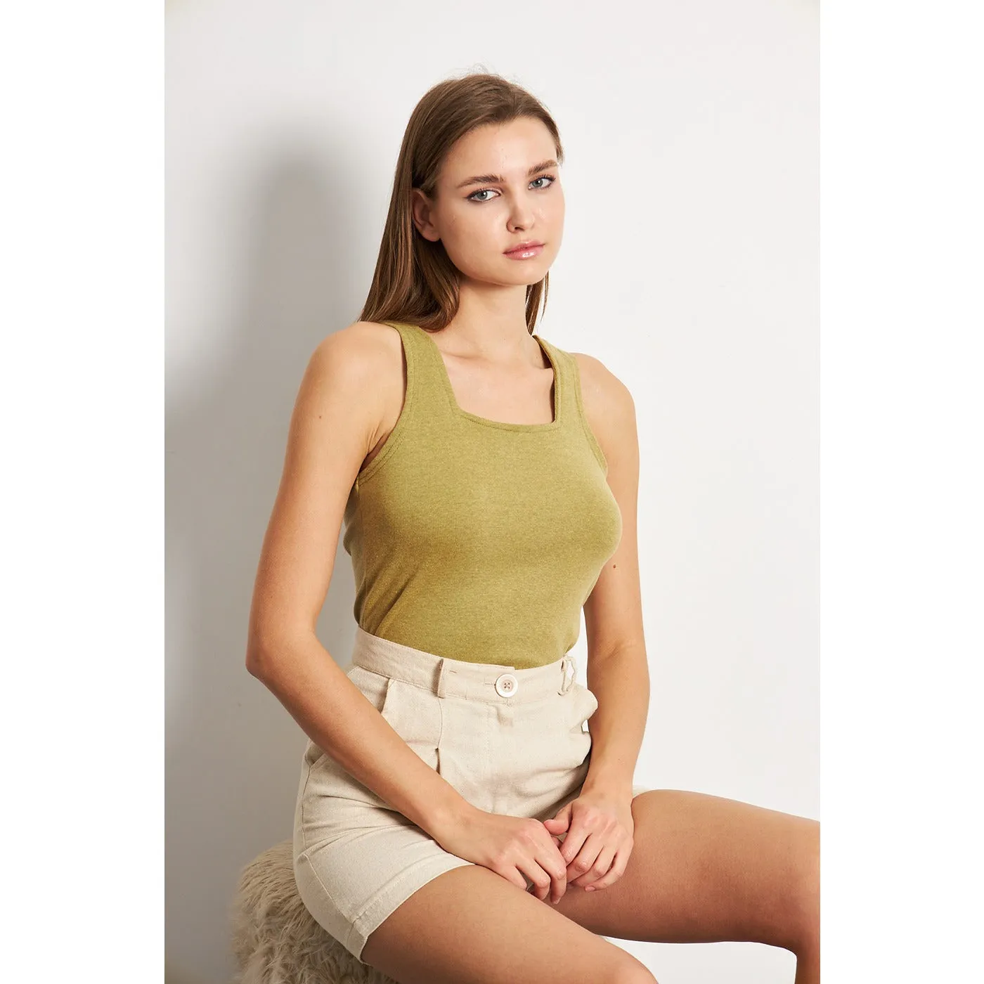 Green Melange Square Neck Tank Top