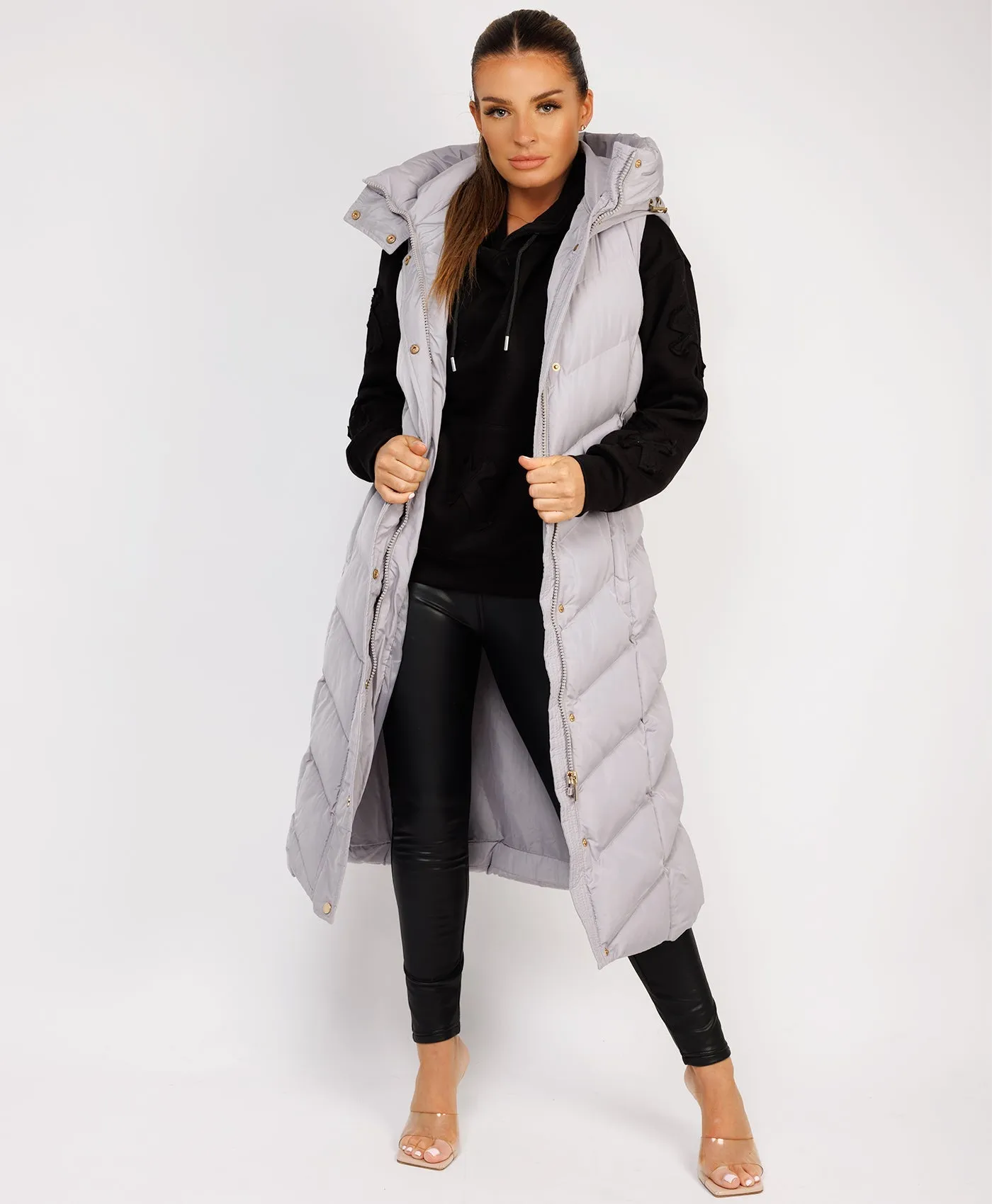 Grey Longline Chevron Padded Gilet Bodywarmer