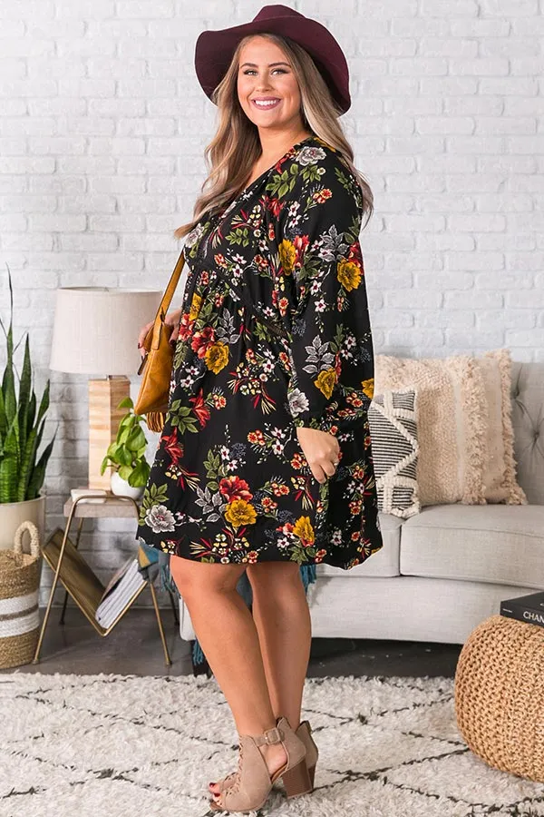 Harvest Happiness Floral Shift Dress In Black Curves