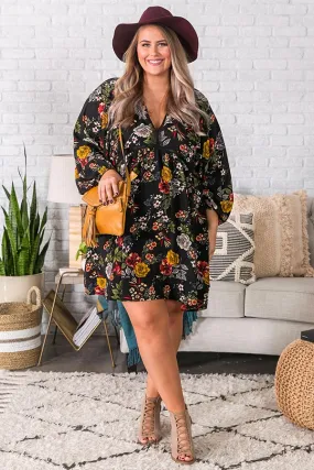 Harvest Happiness Floral Shift Dress In Black Curves