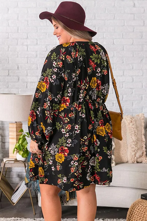 Harvest Happiness Floral Shift Dress In Black Curves