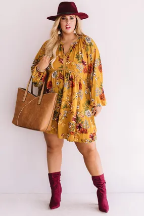 Harvest Happiness Floral Shift Dress in Mustard Curves