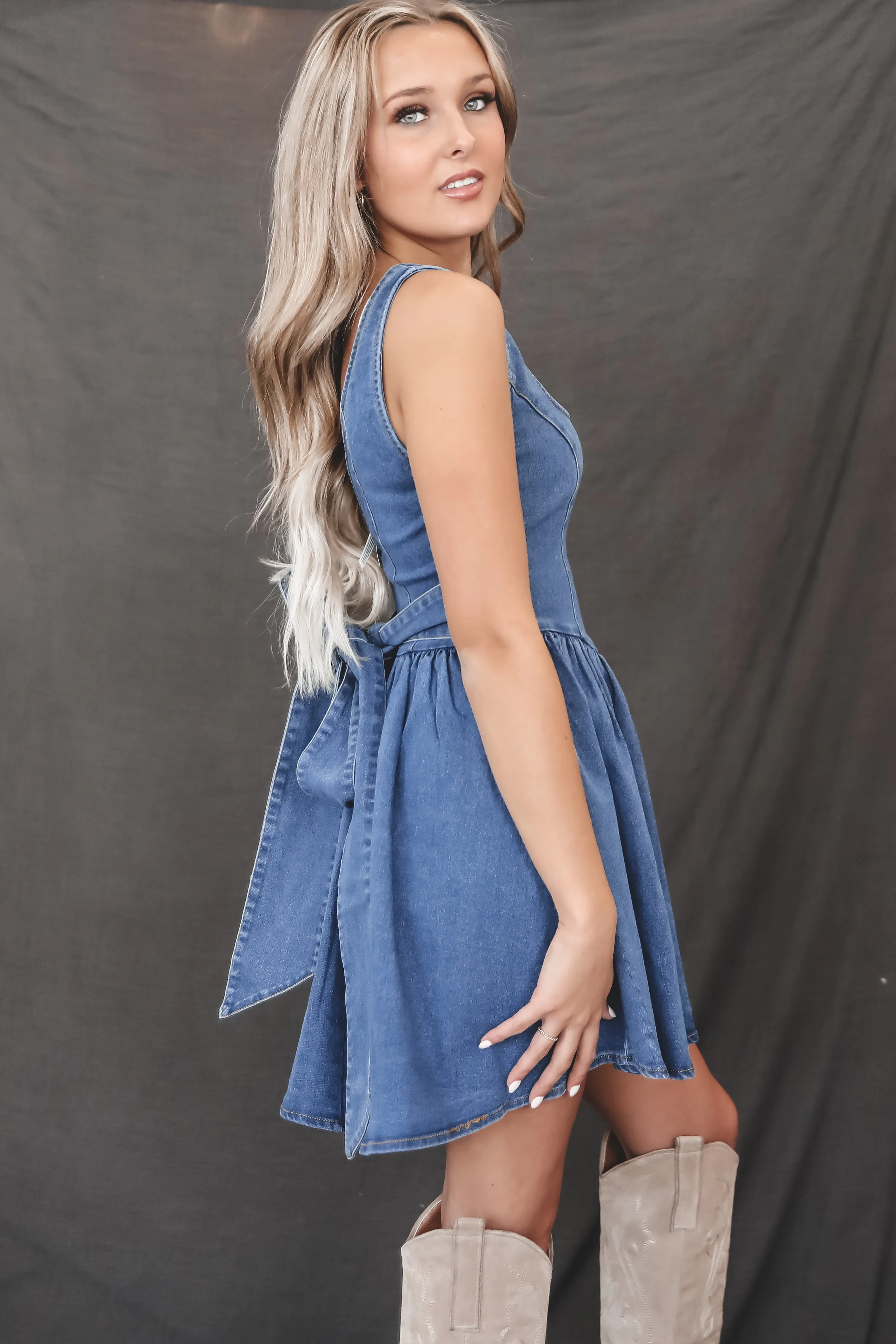 Hey There Darling Denim Low Back Dress