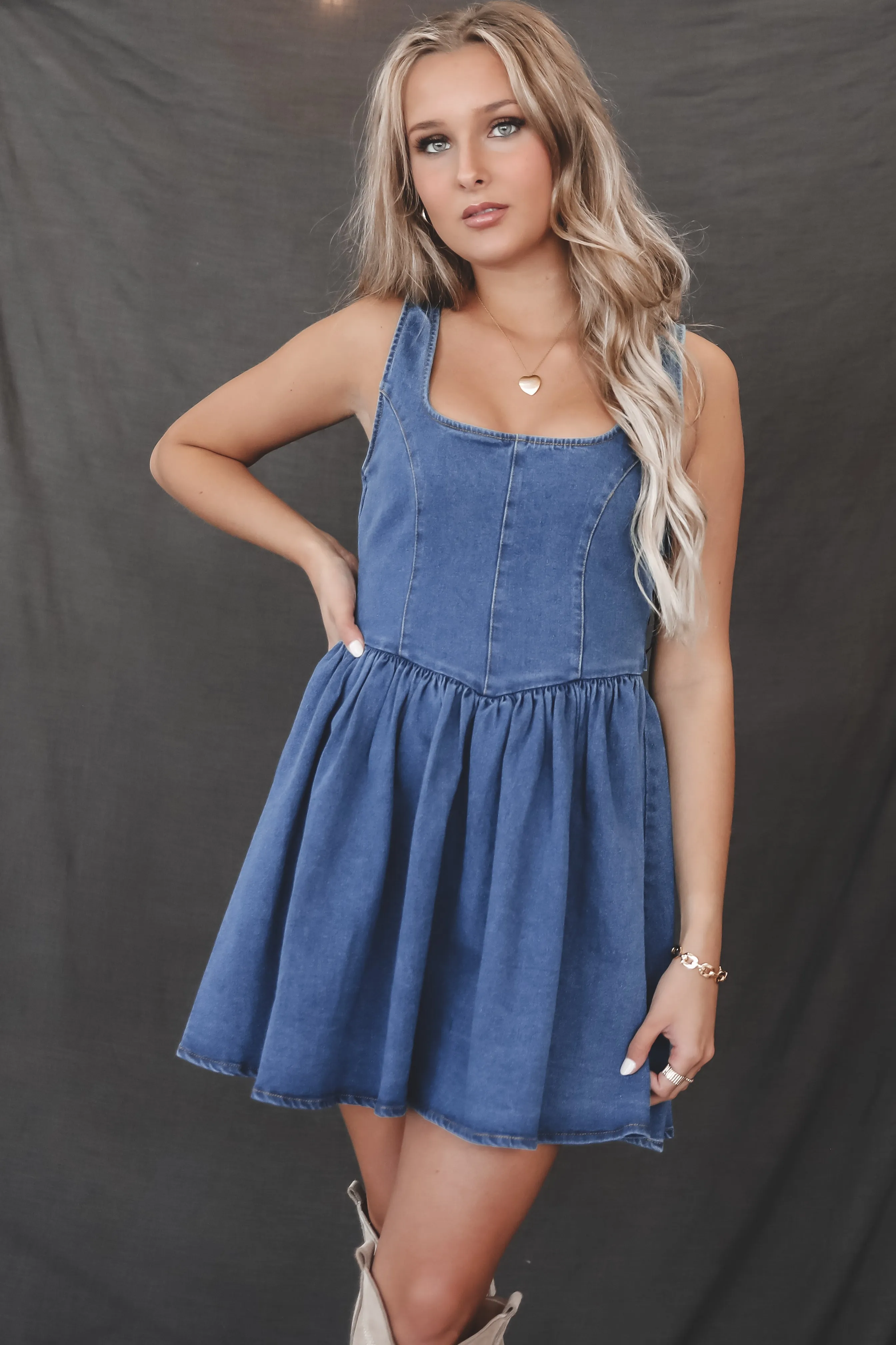 Hey There Darling Denim Low Back Dress