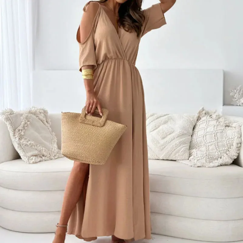 High Split Pleated Maxi Dress Women Elegant Solid V-neck Belt Party Elegant Temperament Dress