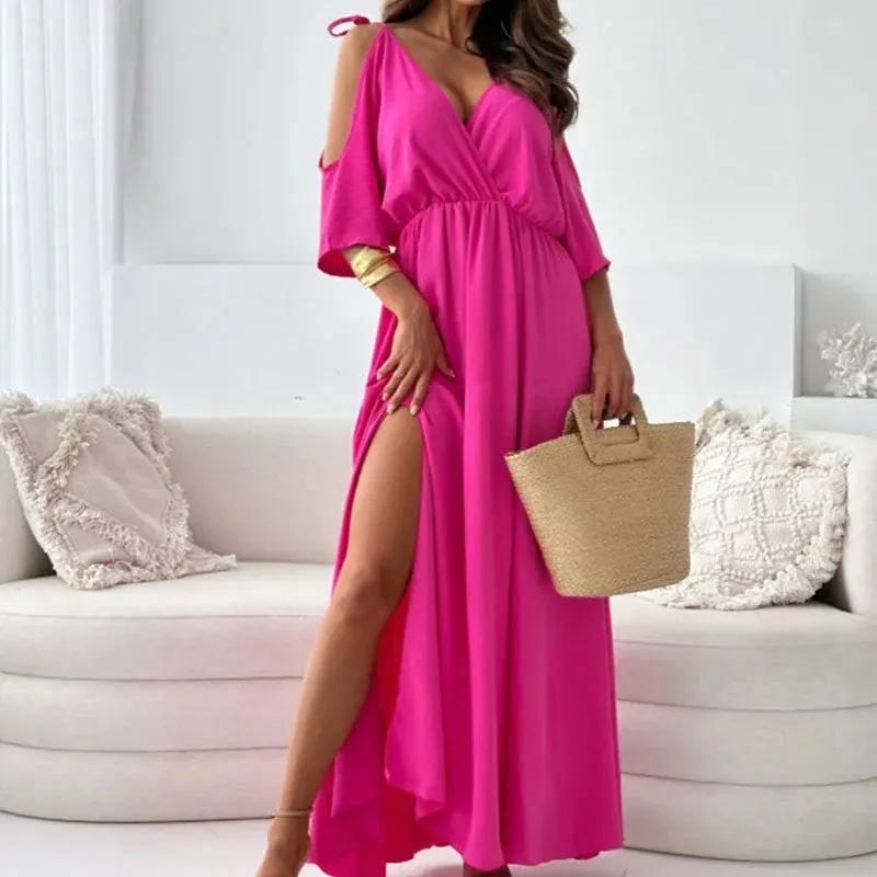 High Split Pleated Maxi Dress Women Elegant Solid V-neck Belt Party Elegant Temperament Dress