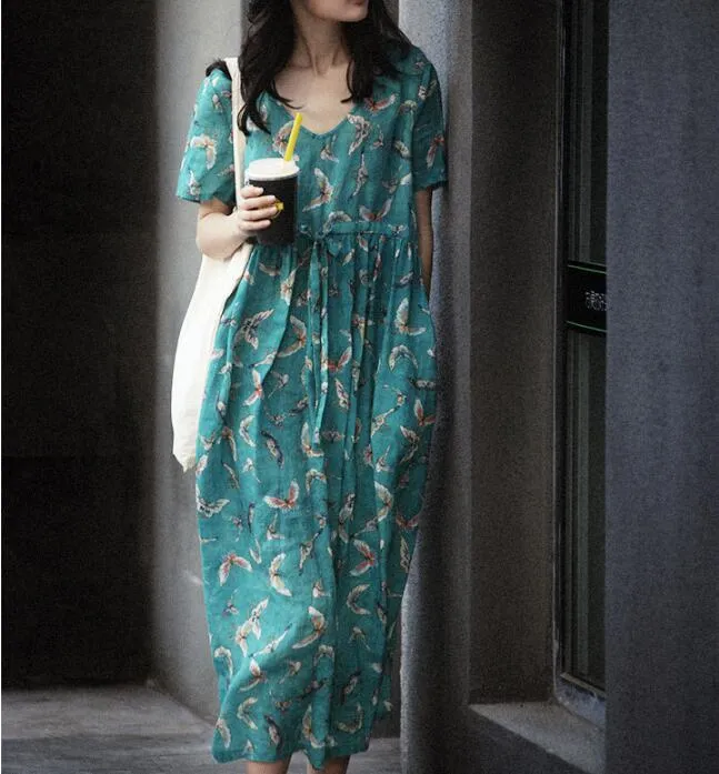 High Waist Floral  Linen Short  Sleeve Loose Dress Women Dress SJP9201229