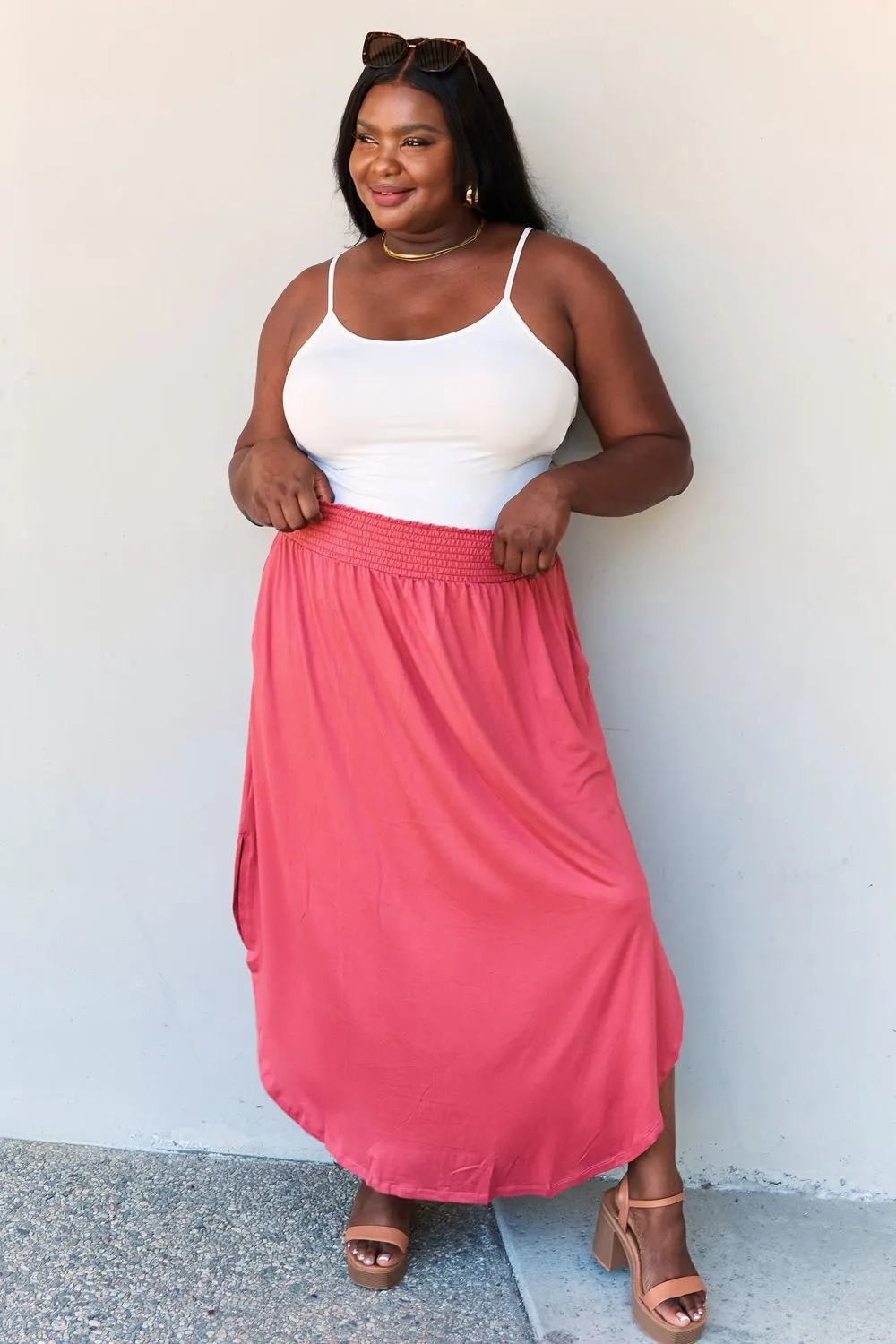 High Waist Scoop Hem Maxi Skirt in Hot Pink