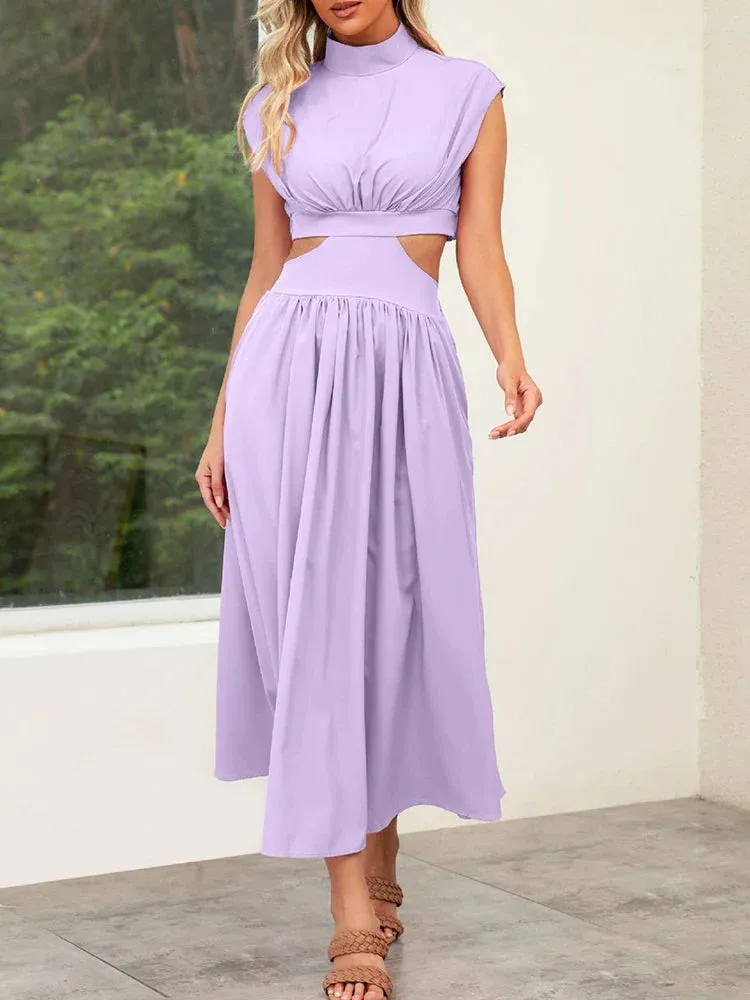 Hollow Out Summer V-neck Midi Vintage A-line Maxi Dress