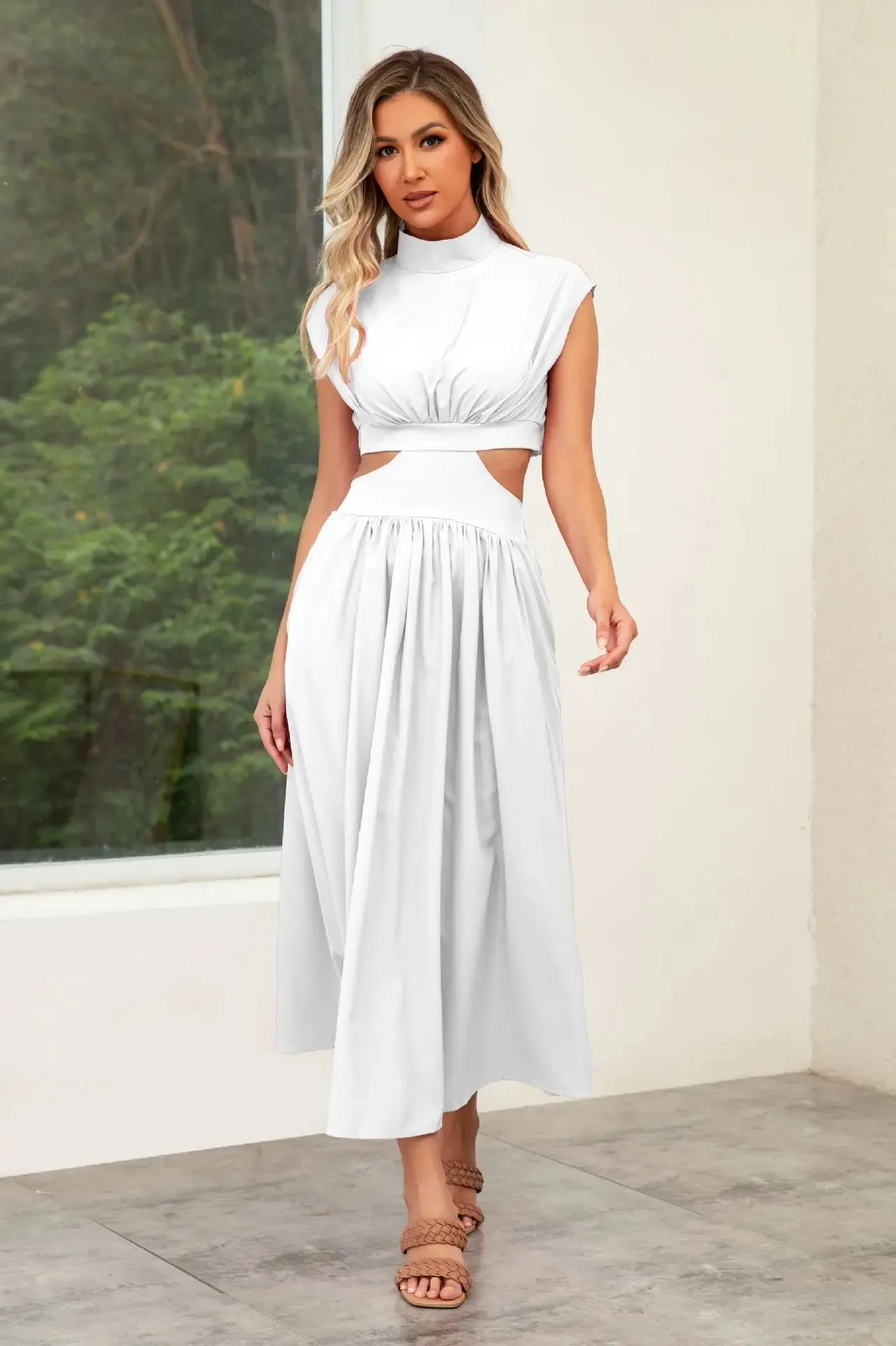 Hollow Out Summer V-neck Midi Vintage A-line Maxi Dress