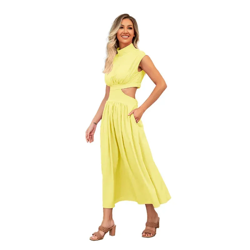 Hollow Out Summer V-neck Midi Vintage A-line Maxi Dress