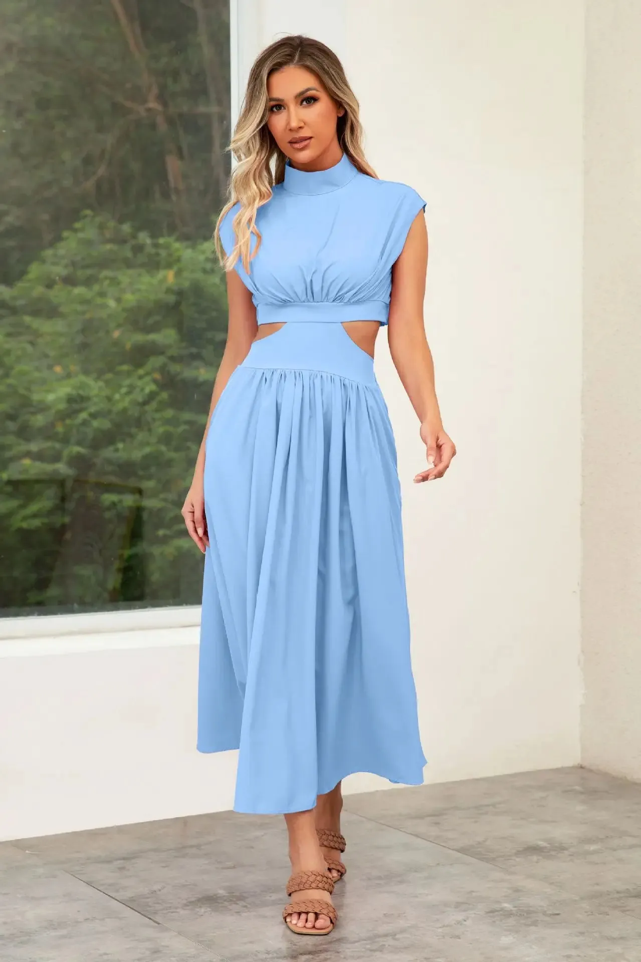 Hollow Out Summer V-neck Midi Vintage A-line Maxi Dress