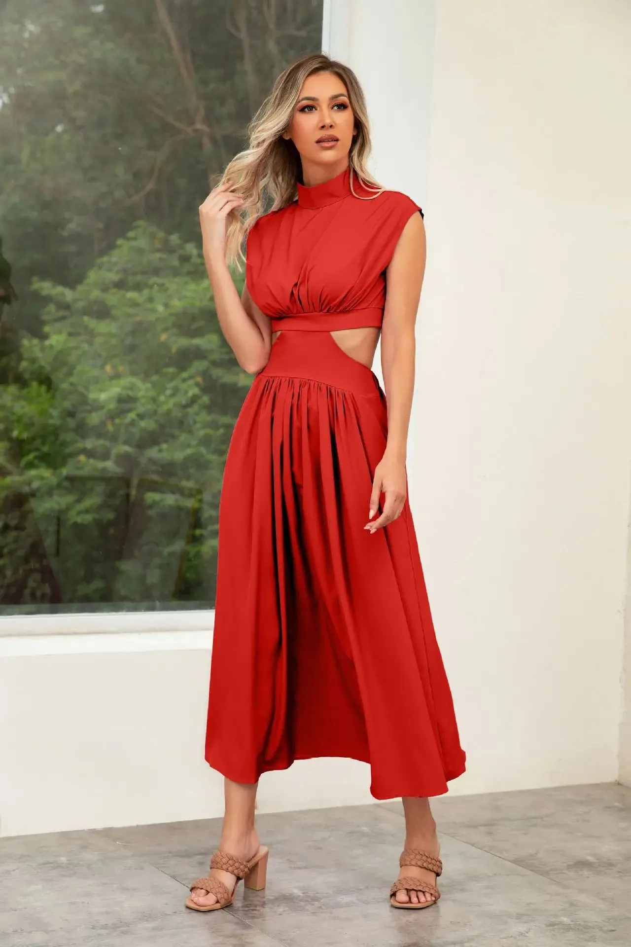 Hollow Out Summer V-neck Midi Vintage A-line Maxi Dress