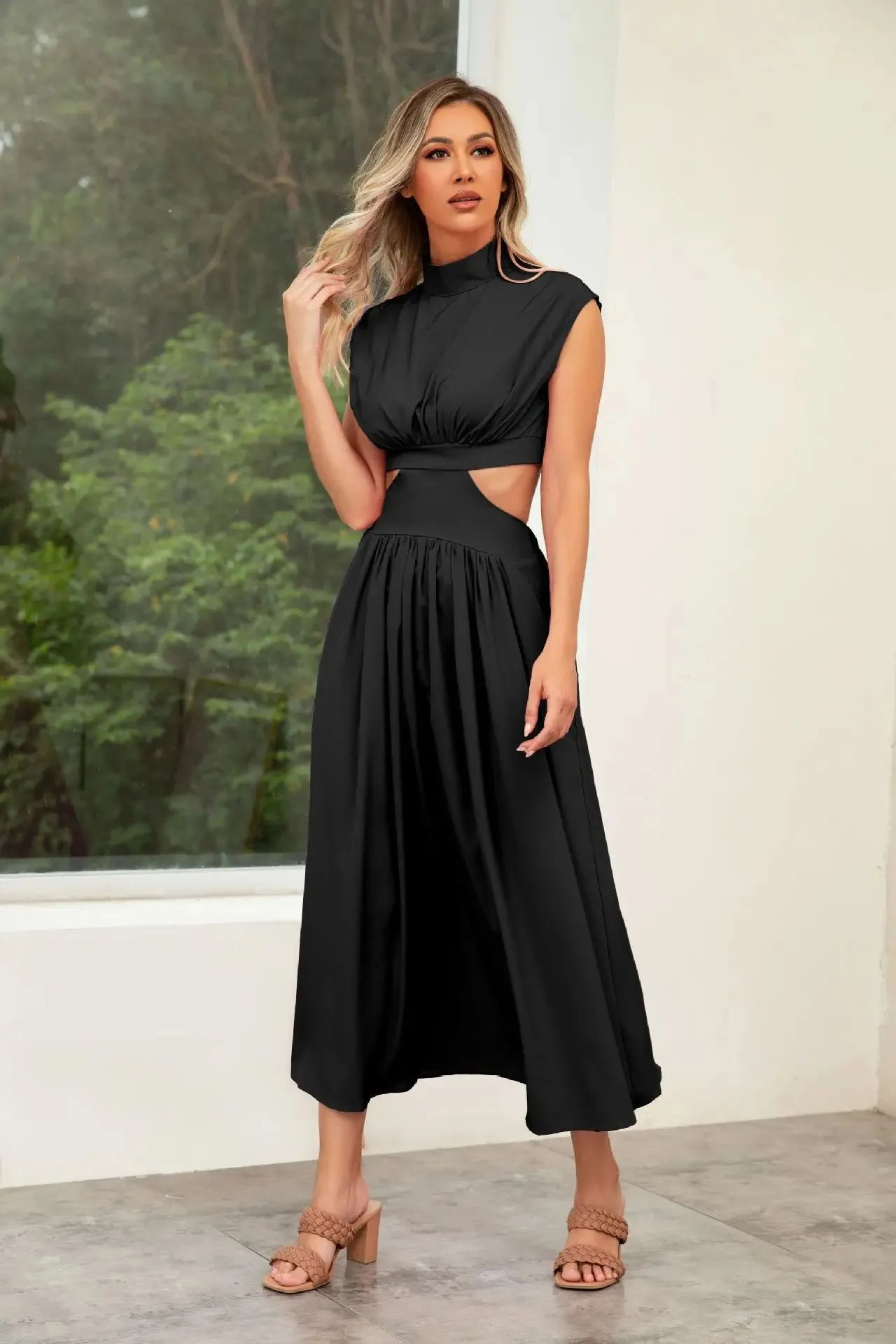 Hollow Out Summer V-neck Midi Vintage A-line Maxi Dress