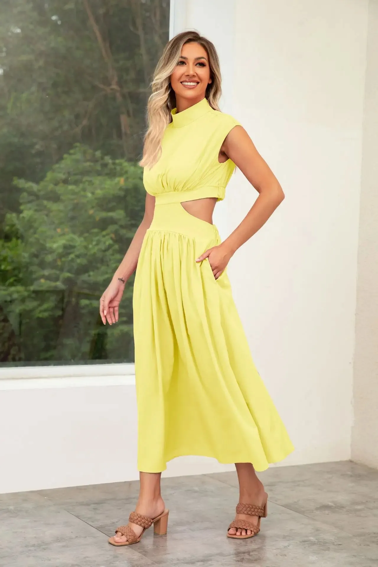 Hollow Out Summer V-neck Midi Vintage A-line Maxi Dress