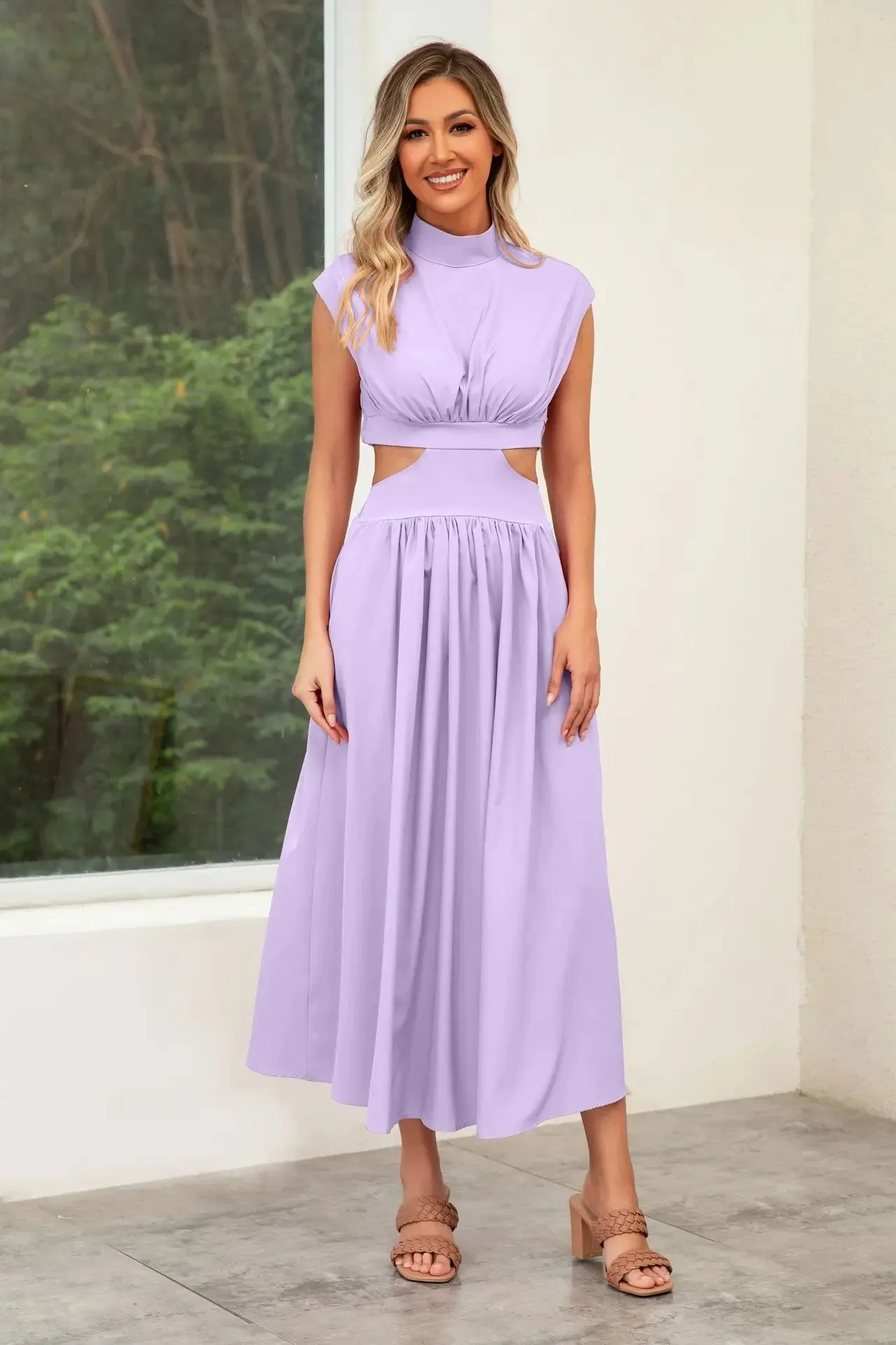 Hollow Out Summer V-neck Midi Vintage A-line Maxi Dress