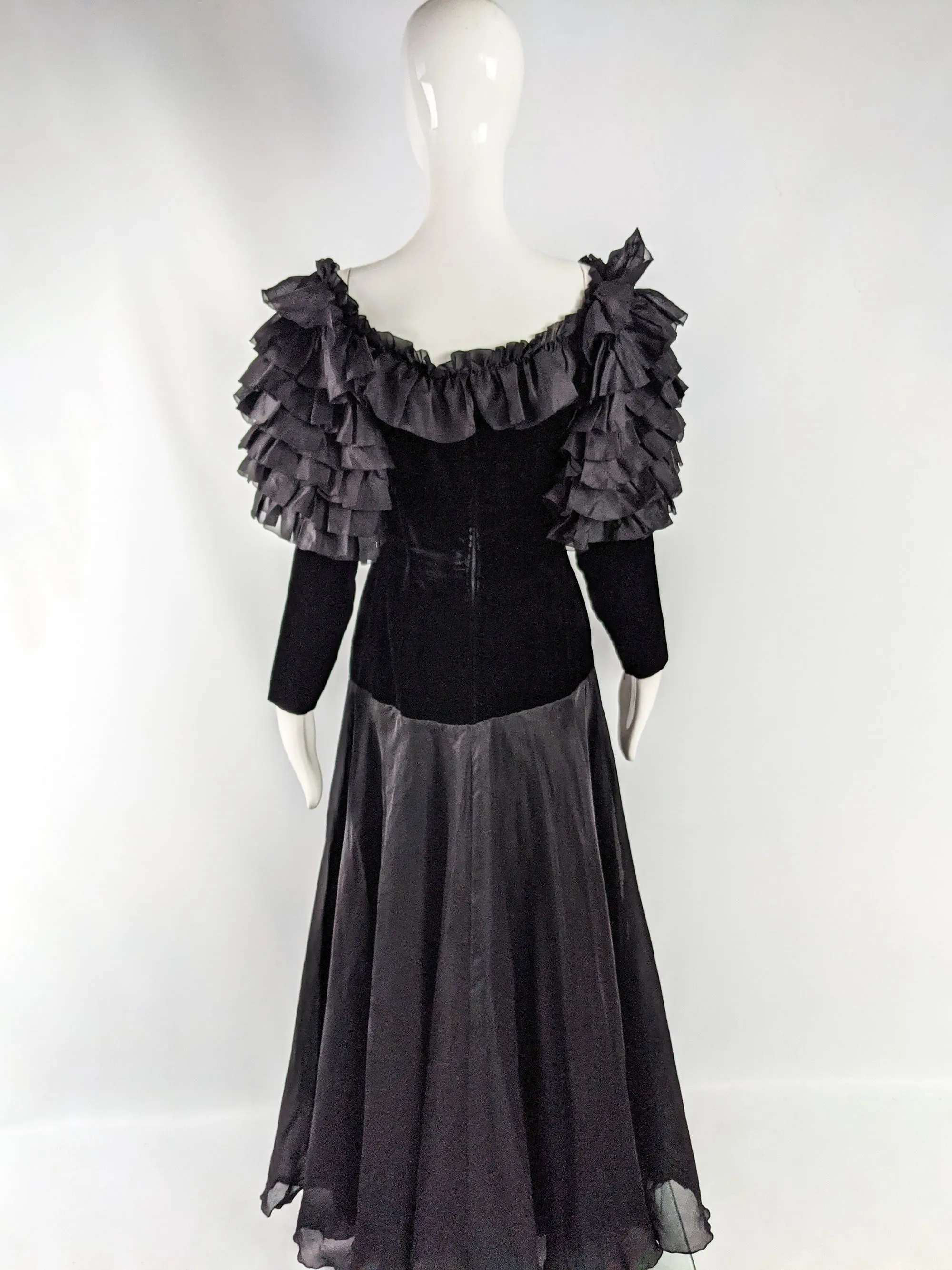 Jean Louis Scherrer Vintage Black Velvet & Silk Organza Dress, 1980s