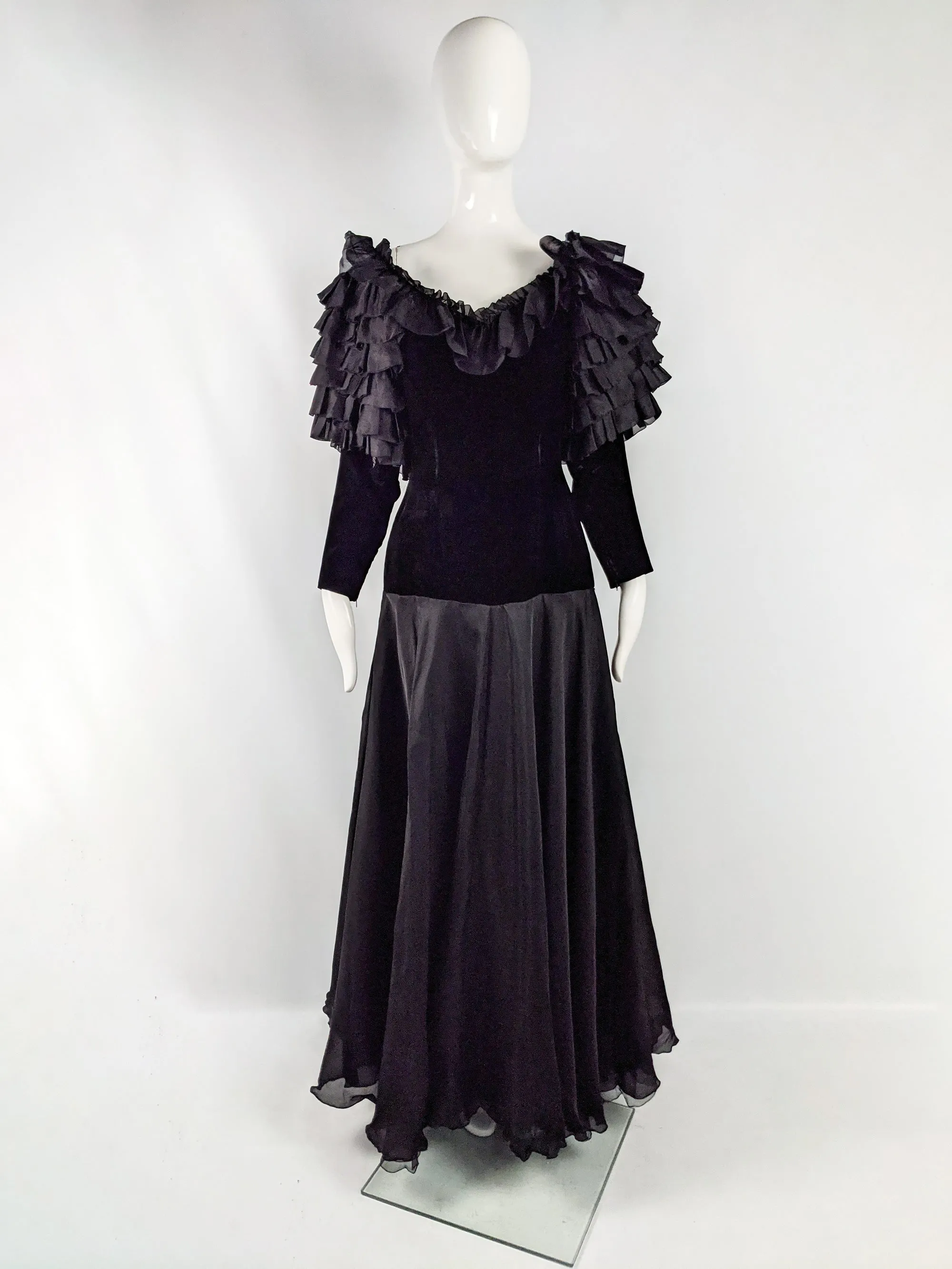 Jean Louis Scherrer Vintage Black Velvet & Silk Organza Dress, 1980s