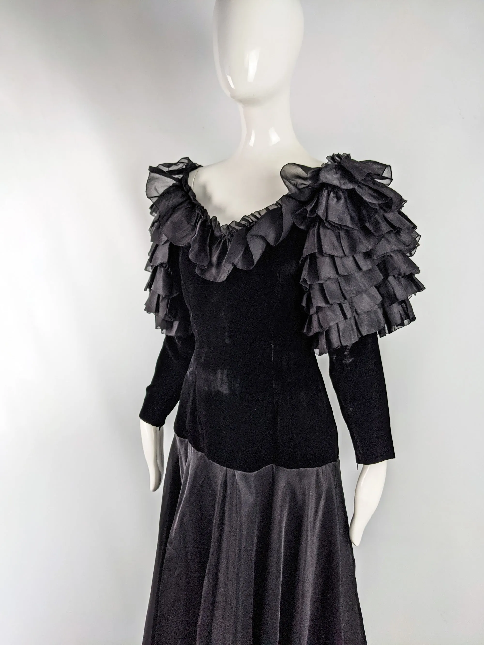 Jean Louis Scherrer Vintage Black Velvet & Silk Organza Dress, 1980s