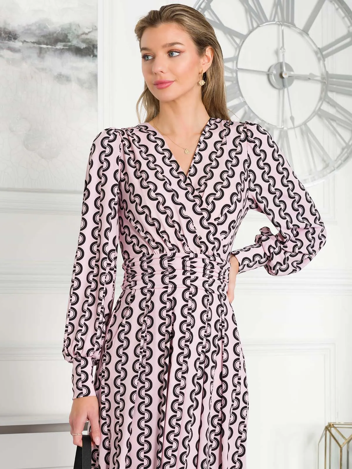 Jolie Moi Nancy Long Sleeve Maxi Dress, Pink Geo