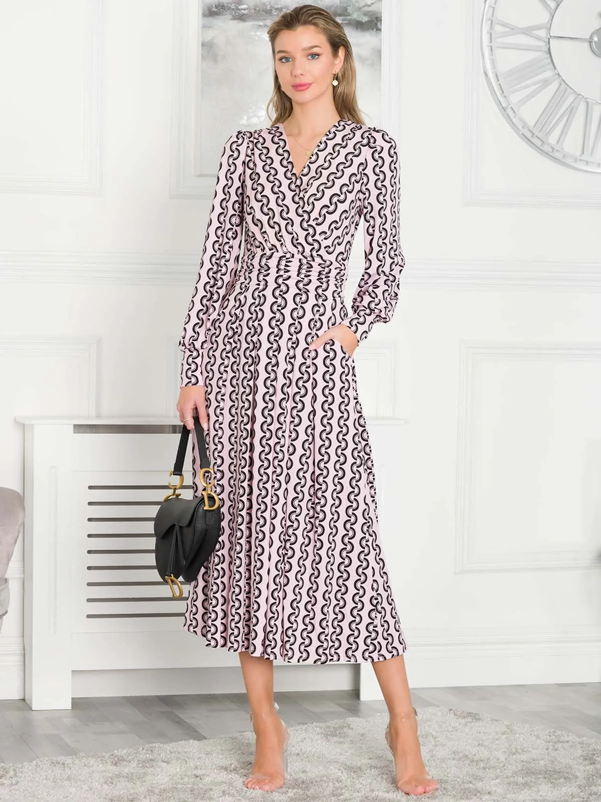 Jolie Moi Nancy Long Sleeve Maxi Dress, Pink Geo