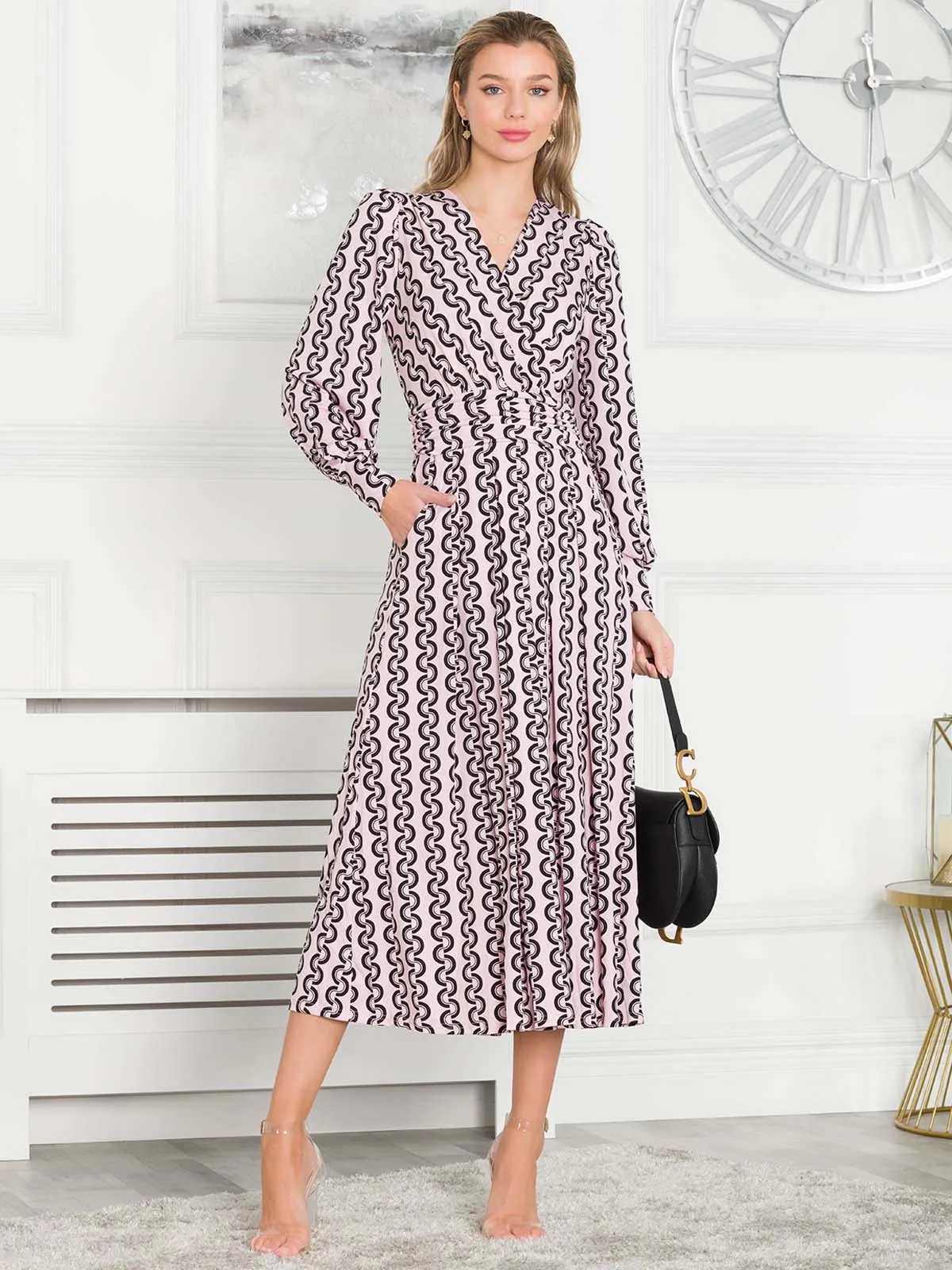 Jolie Moi Nancy Long Sleeve Maxi Dress, Pink Geo